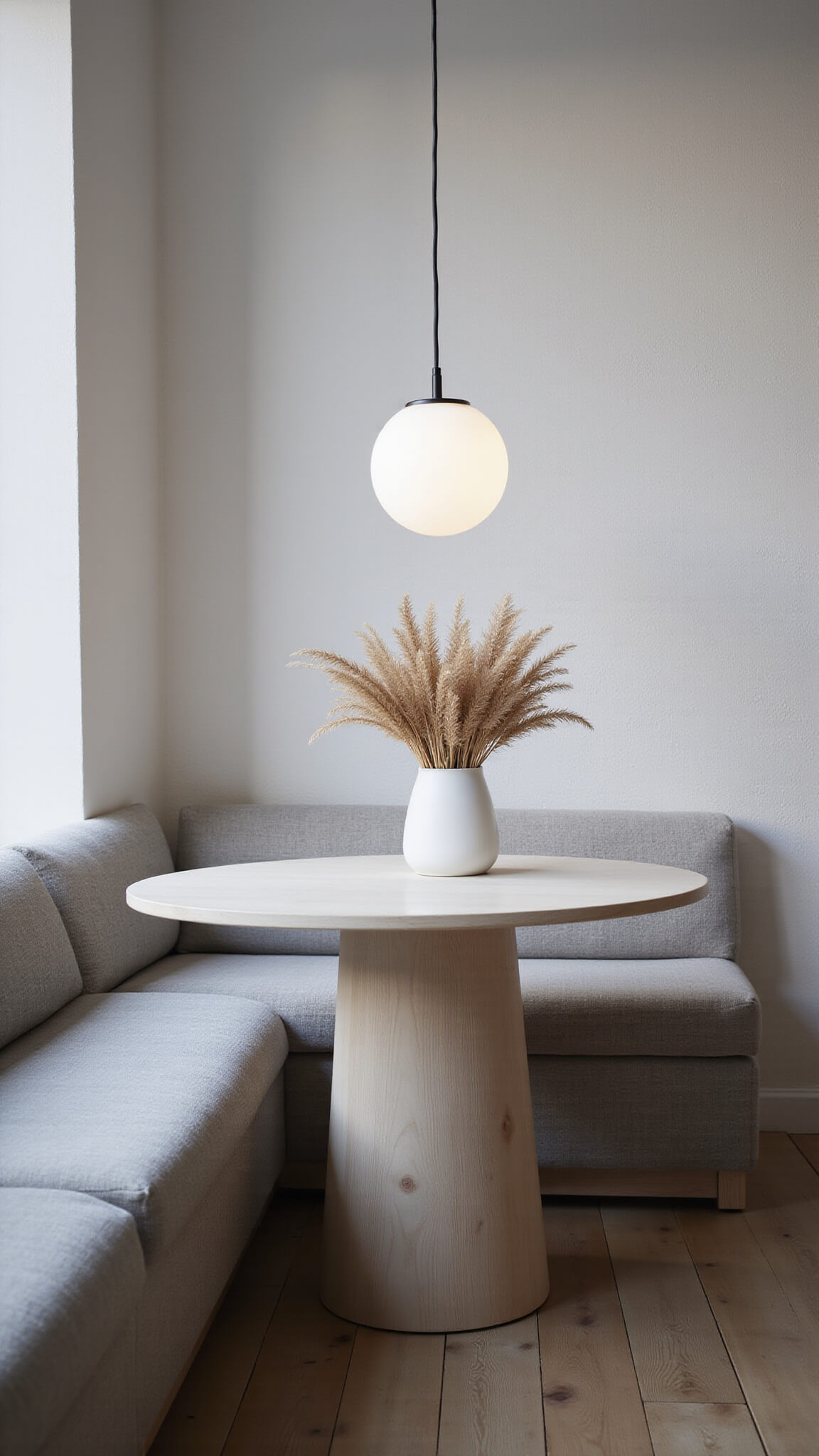 Cozy Nordic kitchen nook with light gray banquette, round oak table, pampas grass centerpiece, and soft pendant lighting against a white plaster wall.