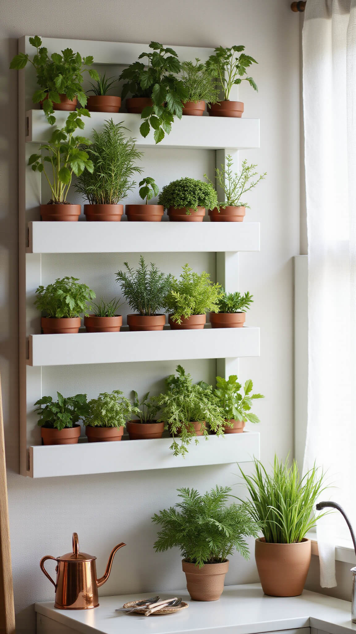 Macro shot of minimalist Nordic kitchen herb wall with terracotta pots in white grid, fresh herbs in soft light, copper watering can and tools below.
