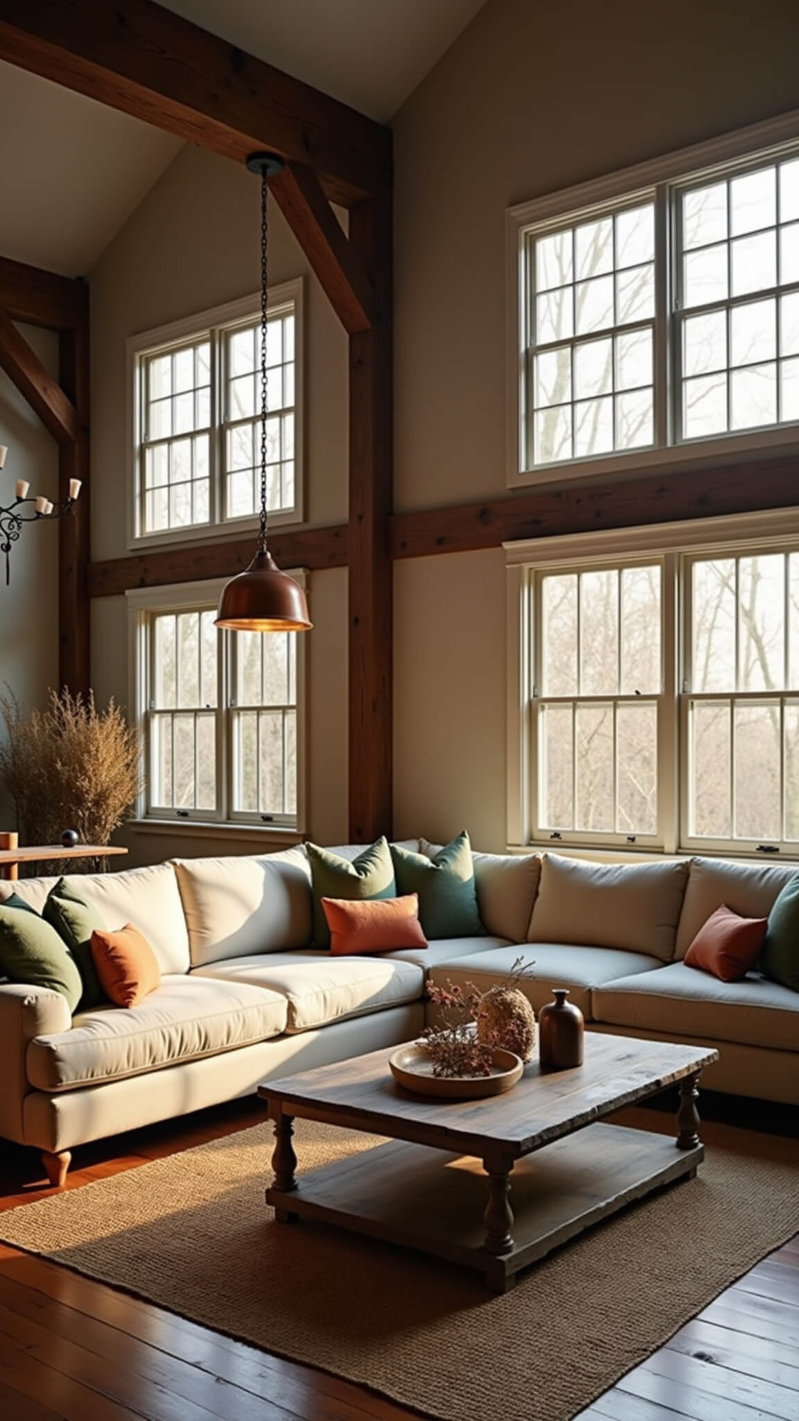 Golden hour barn living room with high ceilings, exposed oak beams, floor-to-ceiling windows, oatmeal linen sectional, vintage copper pendants, and rustic decor elements on wood flooring.
