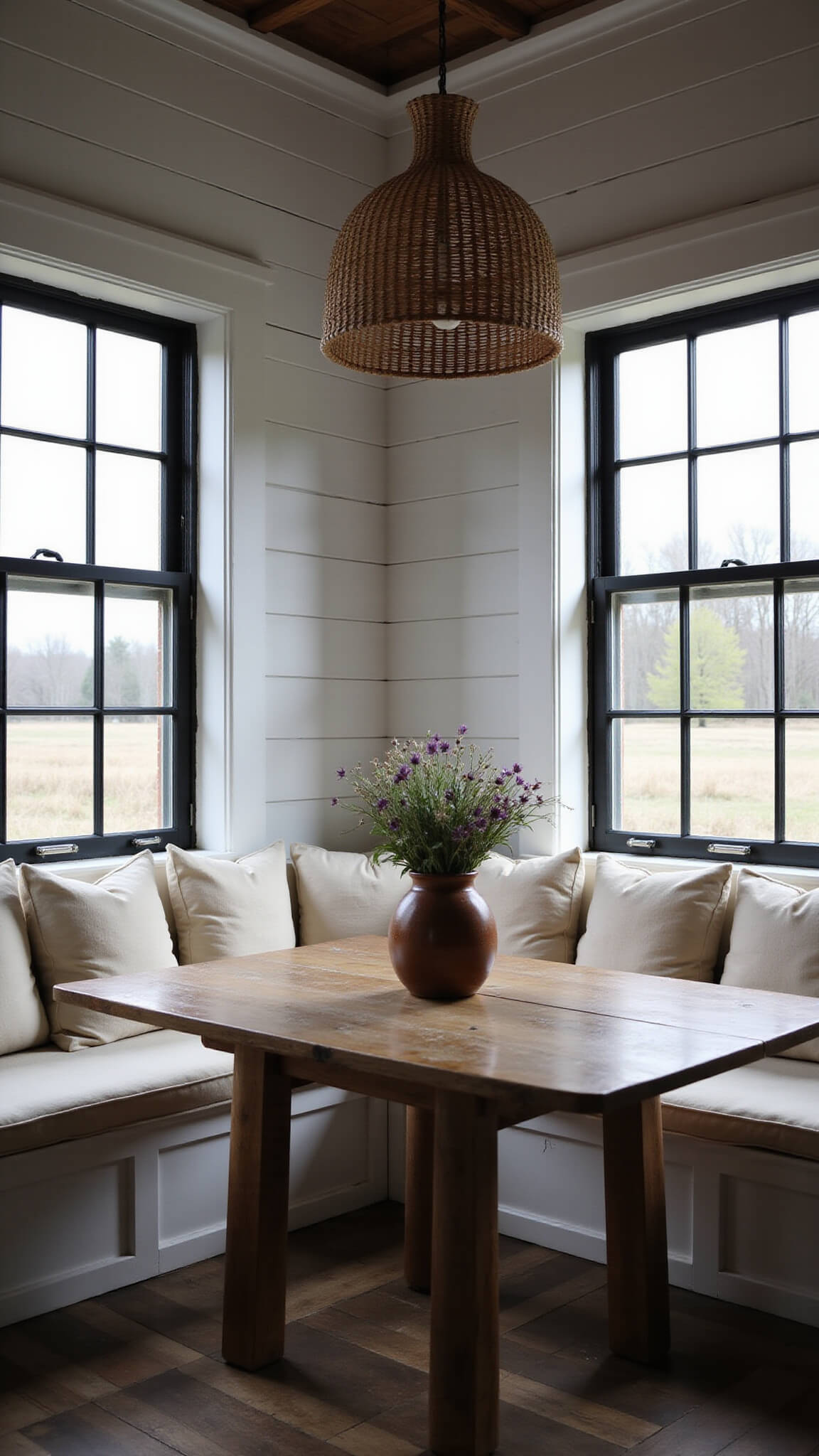 Cozy barn kitchen nook with cream-cushioned bench seating, reclaimed wood table with wildflowers, and woven pendant lighting in soft morning light.