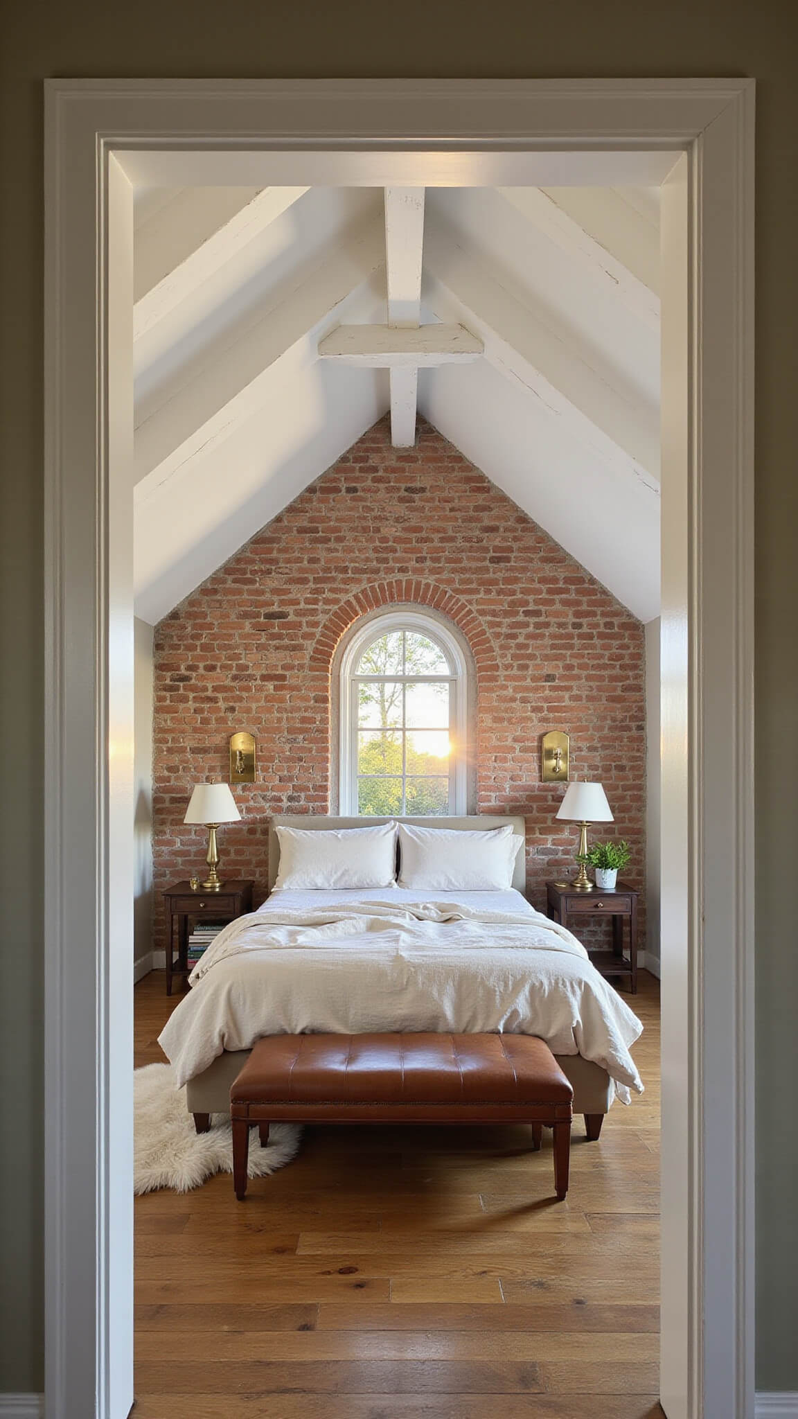 Cozy primary bedroom at dusk with king bed against brick wall, ivory linen bedding, brass sconces, whitewashed beam ceiling, sheepskin rugs, olive tree by arched window, and vintage leather bench.