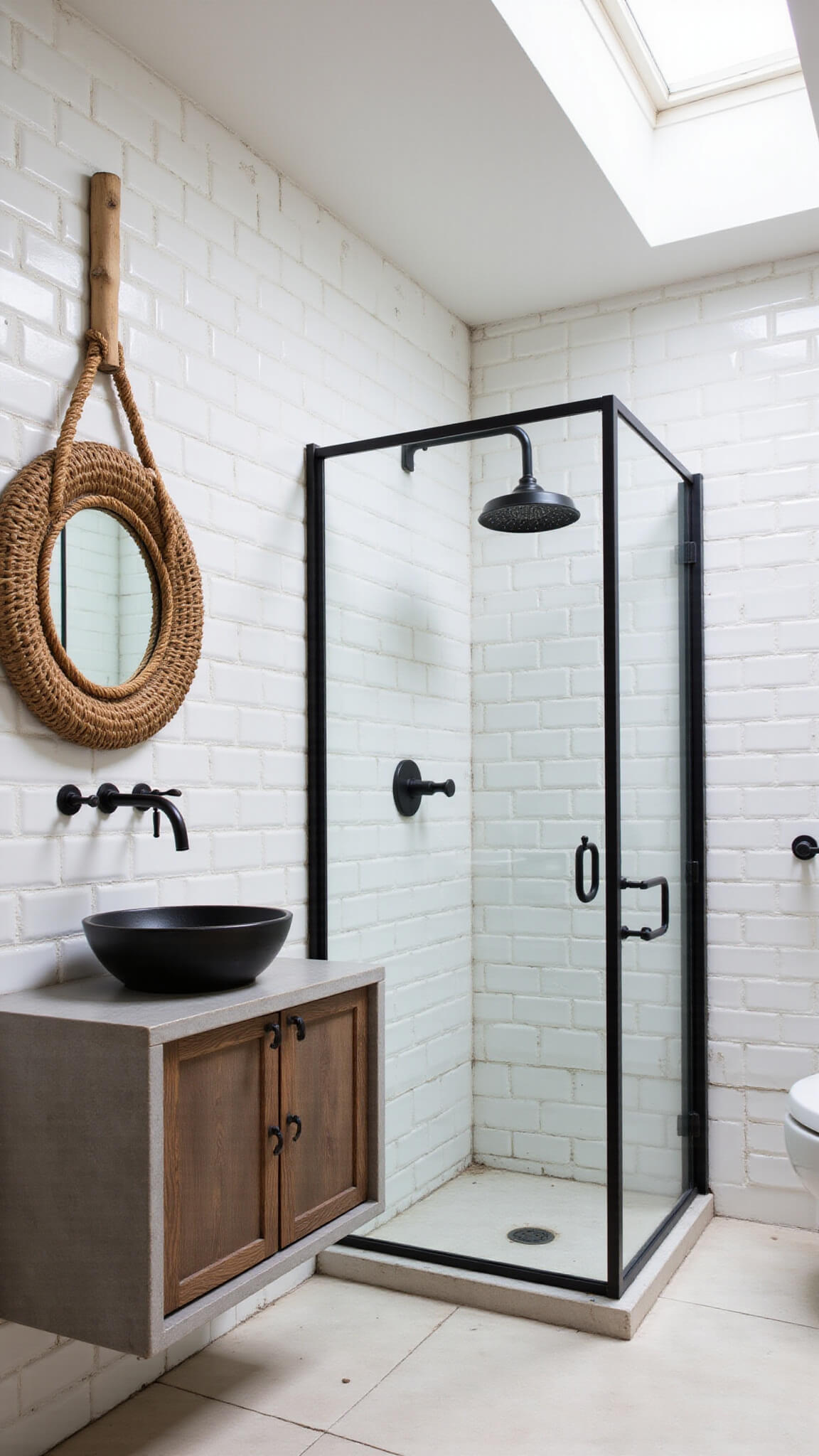 Modern barn-style bathroom with black-framed glass shower, white subway tile, concrete vanity, brass fixtures, and rattan mirror under skylight.