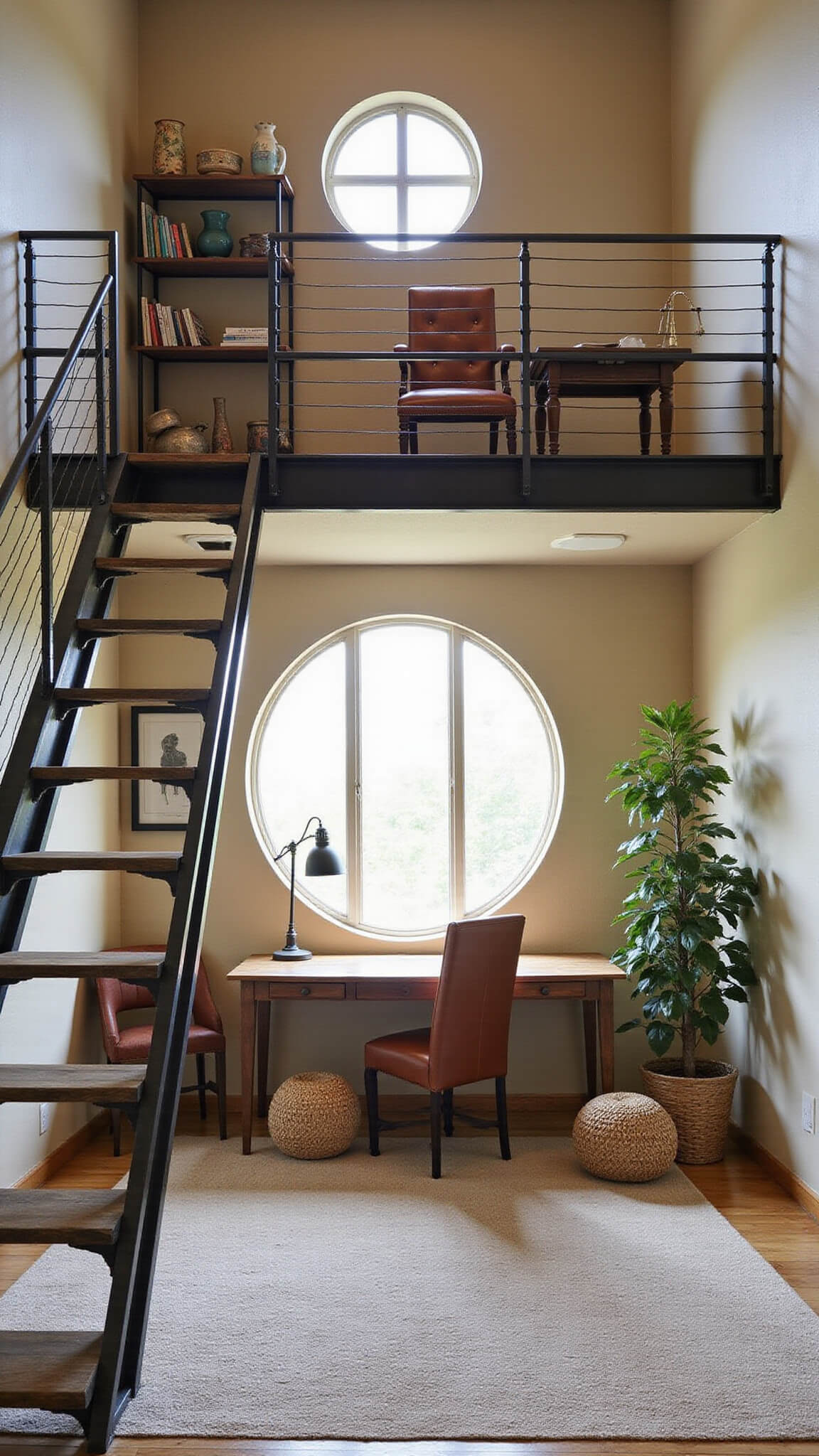 Loft barn office with reclaimed wood desk, round window, steel staircase, and natural afternoon light, overlooking main living space.