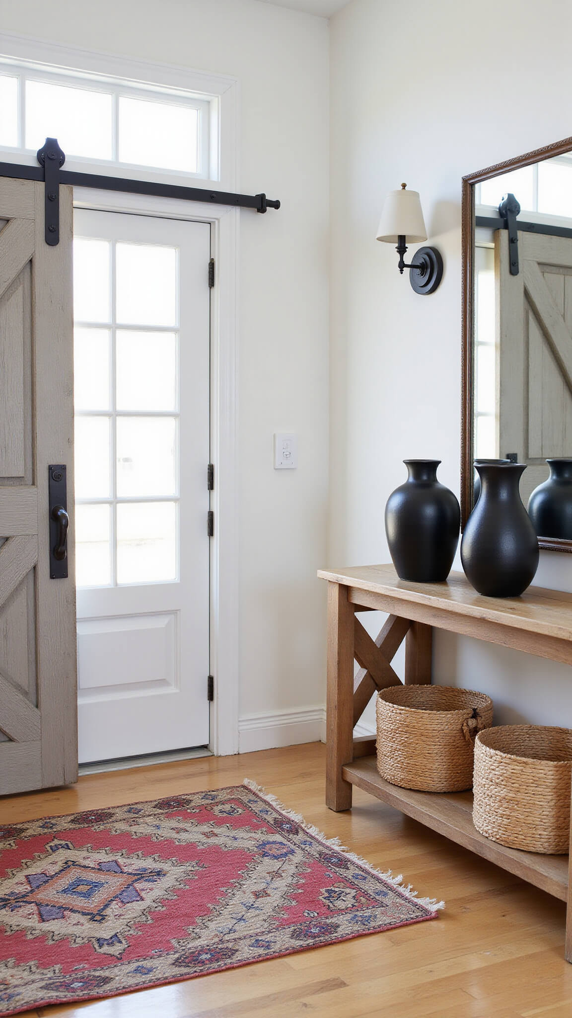 Symmetrical barn entryway with weathered gray sliding door, vintage oak console holding black ceramics, oversized mirror reflecting noon light, woven baskets below, and Moroccan runner adding depth.