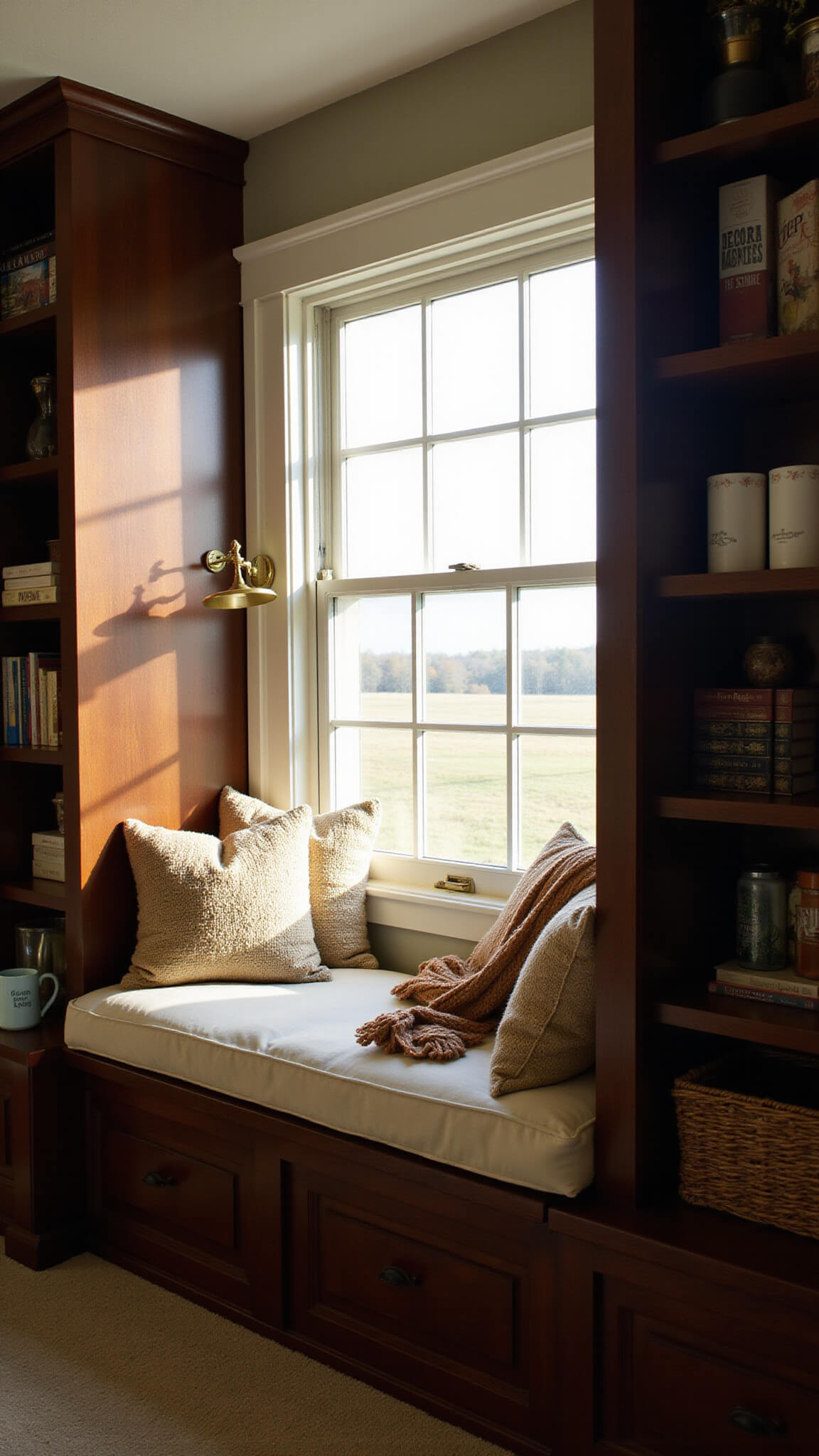 Cozy barn reading nook with cream-cushioned window seat, espresso built-in bookshelves, and warm afternoon light casting dramatic shadows.