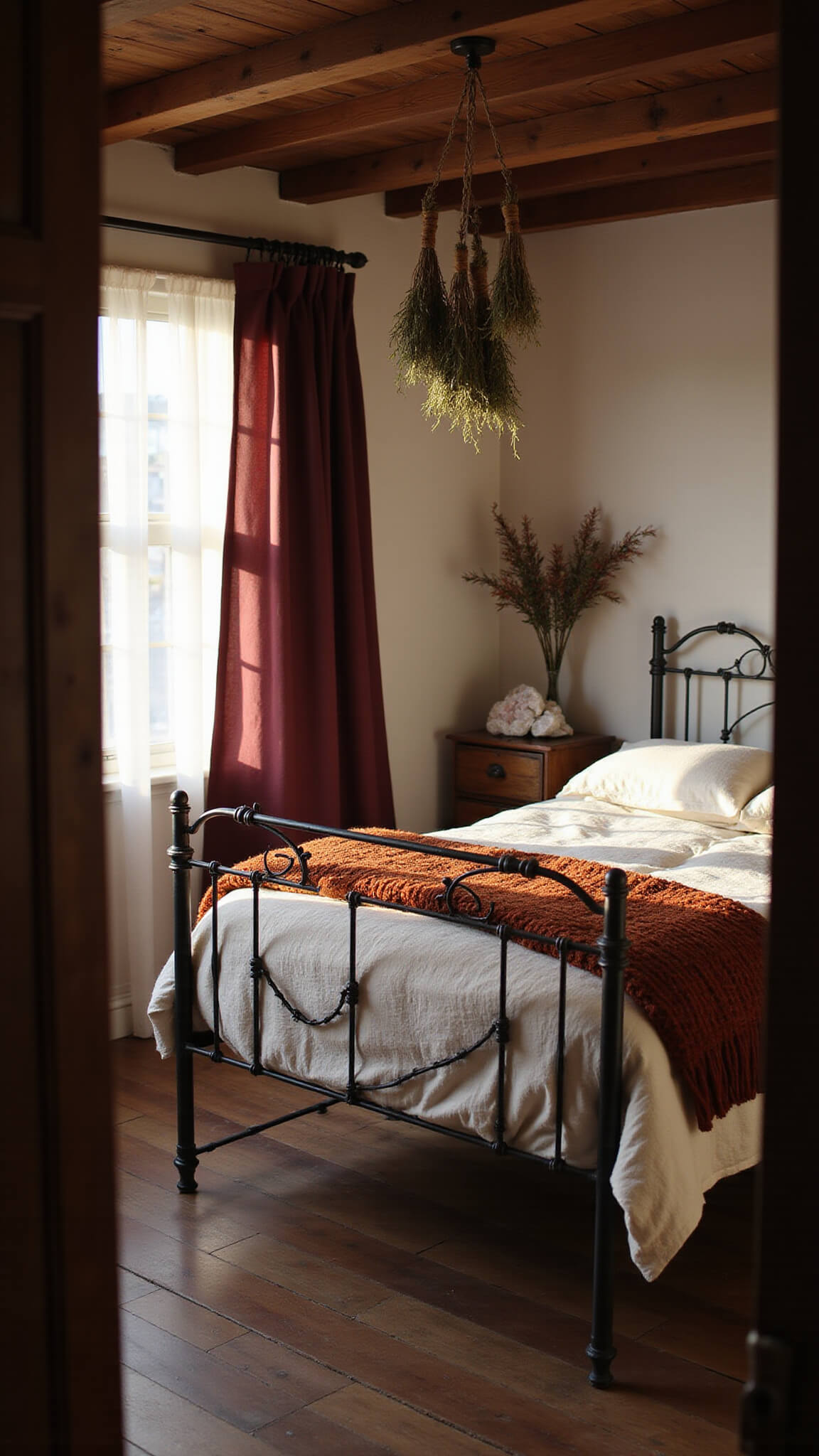 Sunlit bedroom with exposed beams, bay window, and wrought iron bed draped in cream and rust linens; morning light filters through burgundy curtains onto textured throws and crystal-decorated nightstand.
