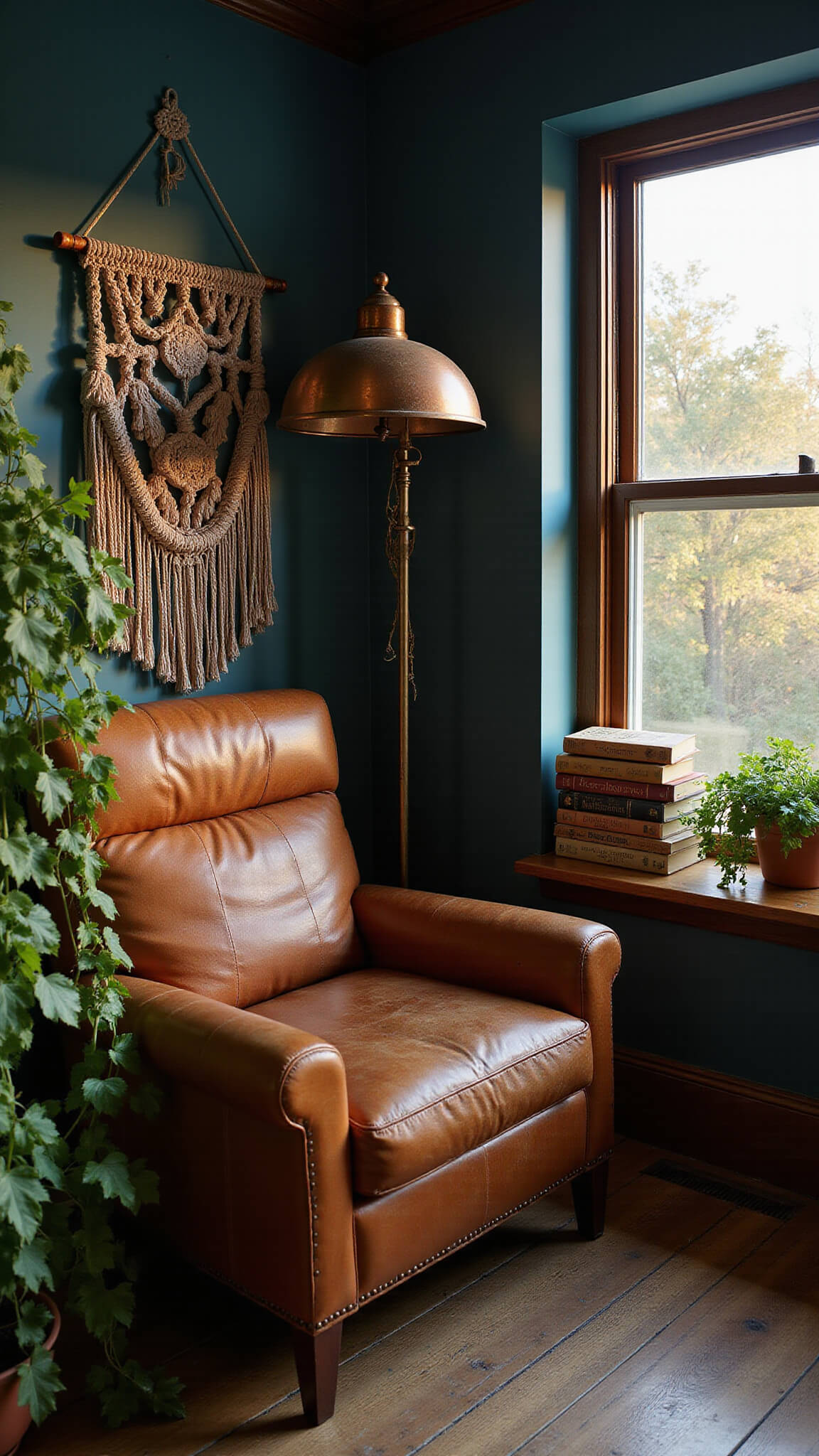 Cozy witchy reading nook with leather armchair, macramé wall hanging, vintage spell books, trailing ivy, and golden hour light against a dark teal wall and warm wooden floors.