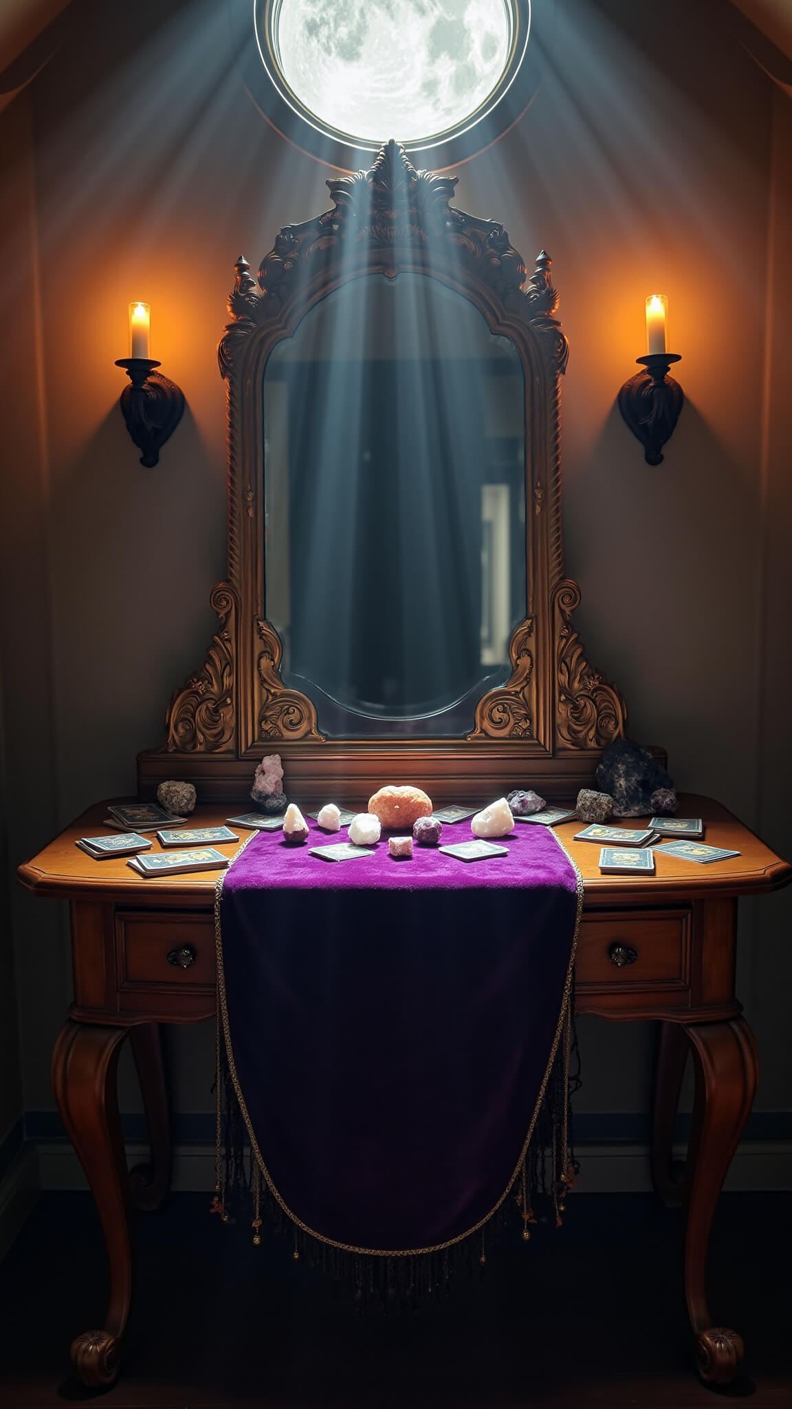 Intimate vanity alcove with antique brass mirror, candlelit sconces, deep purple velvet runner, crystals, and tarot cards under moonlight.