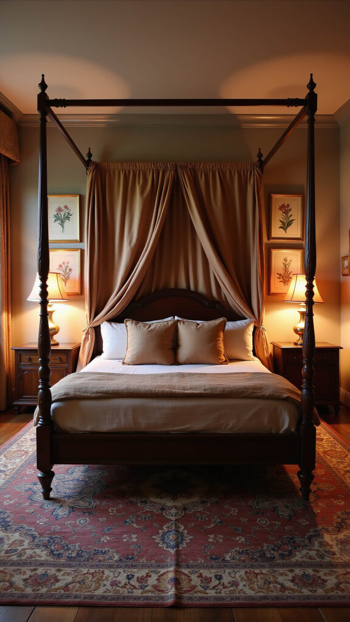 Wide-angle view of a cozy 16x18ft master bedroom at twilight with a four-poster bed draped in gauzy earth-toned fabric, brass-framed vintage botanical prints on the wall, Himalayan salt lamps casting a warm glow over layered Persian rugs, creating a dreamy, enchanted ambiance.