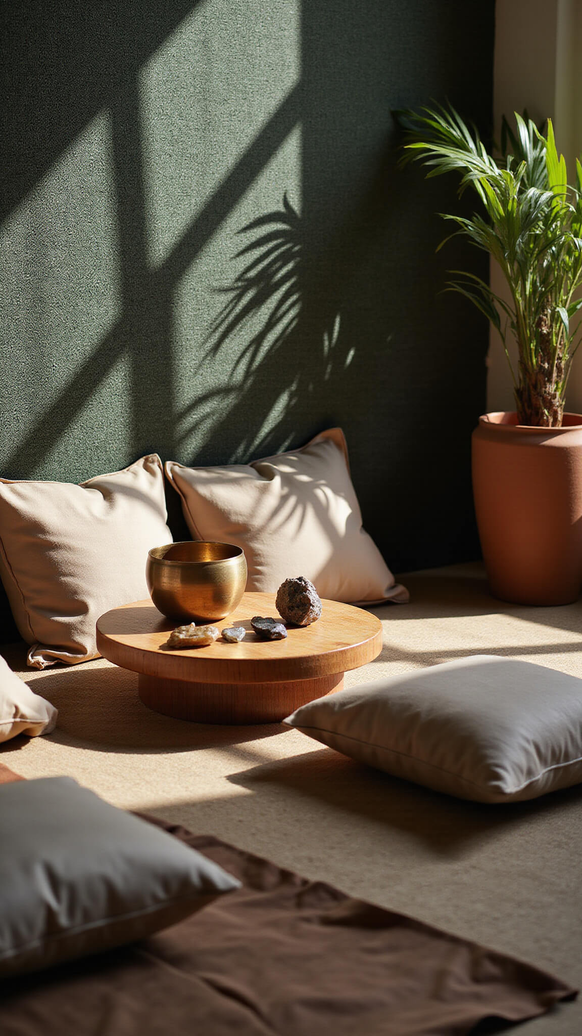 Meditation corner with silk and leather cushions around a wooden table holding a copper singing bowl and smoky quartz, with forest-toned tapestry in natural morning light.