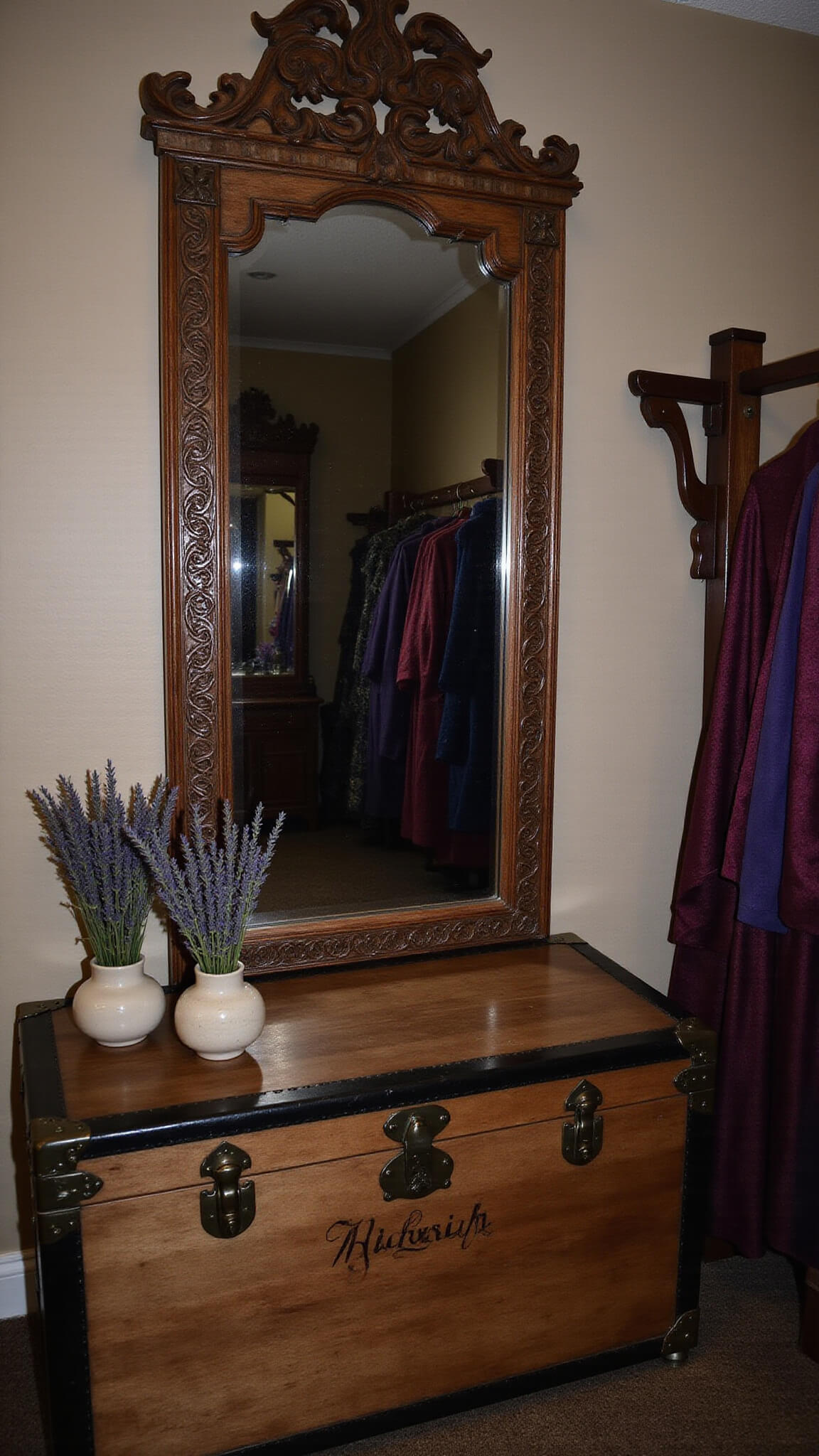 Dusk-lit dressing area reflected in ornate Celtic mirror, showcasing vintage trunk with dried lavender and carved coat rack with jewel-toned robes.