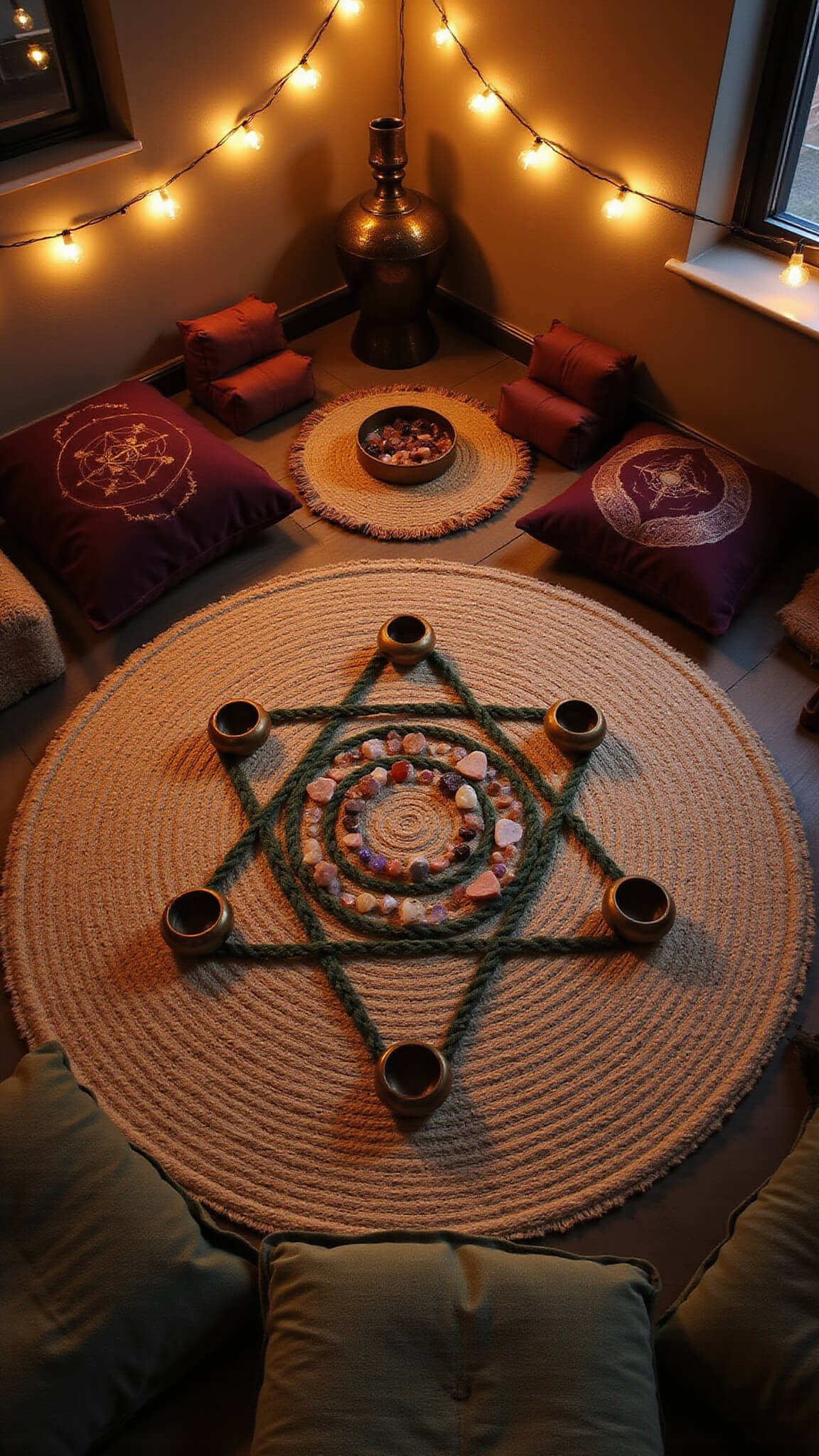 Overhead view of a cozy ritual space with a circular jute rug, velvet floor pillows, brass incense holders, and crystal grids, softly lit by warm string lights.