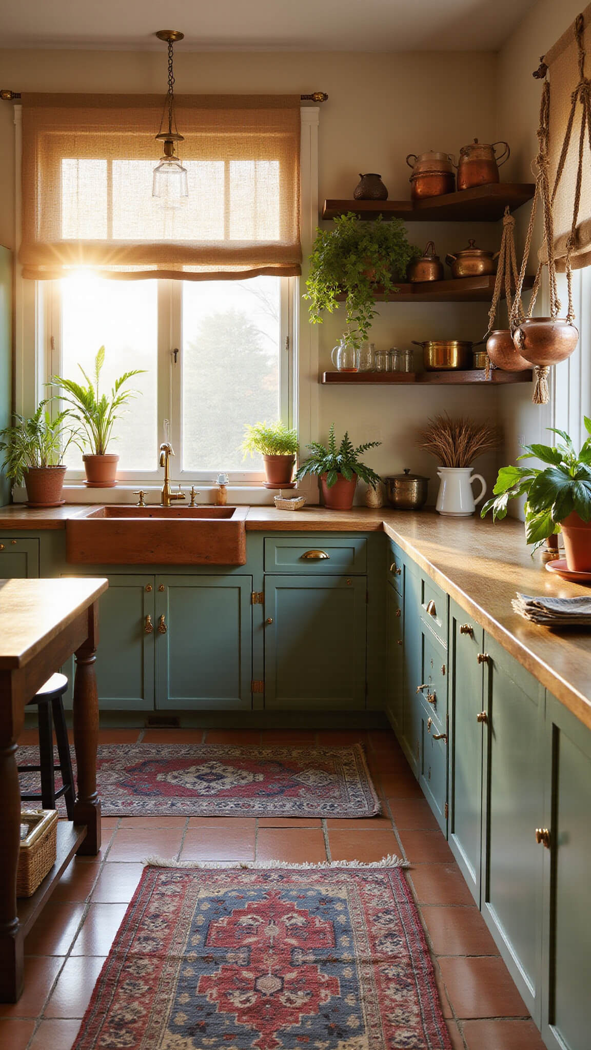 Boho kitchen with sage green cabinets, terracotta tiles, wooden island, and vintage rug bathed in golden hour sunlight.