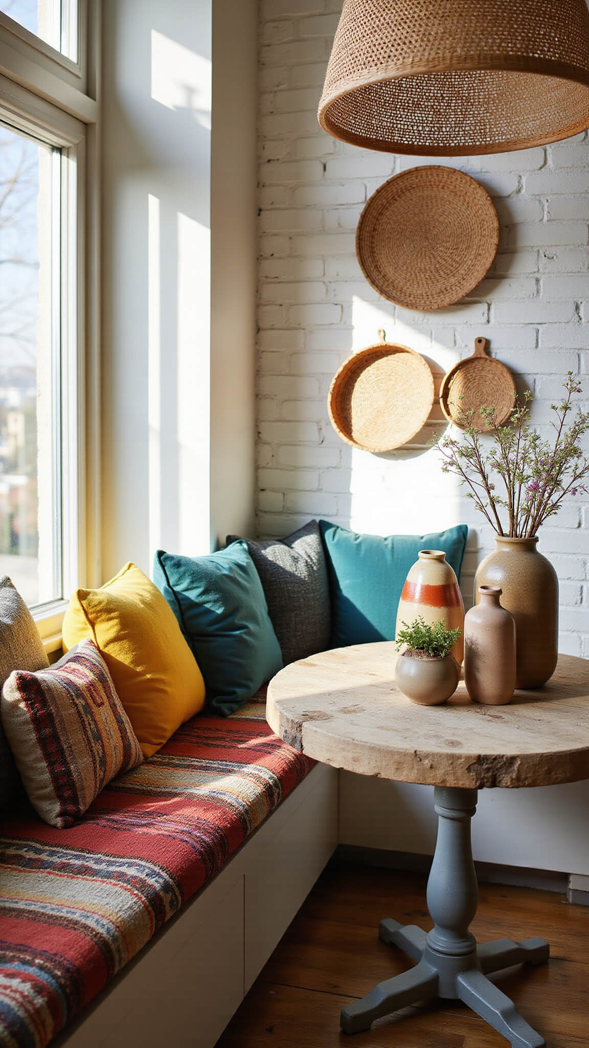 Boho kitchen nook with kilim-upholstered bench, vintage cushions, round reclaimed wood table with vases and wildflowers, rattan lamp casting shadows on whitewashed brick wall with woven baskets.