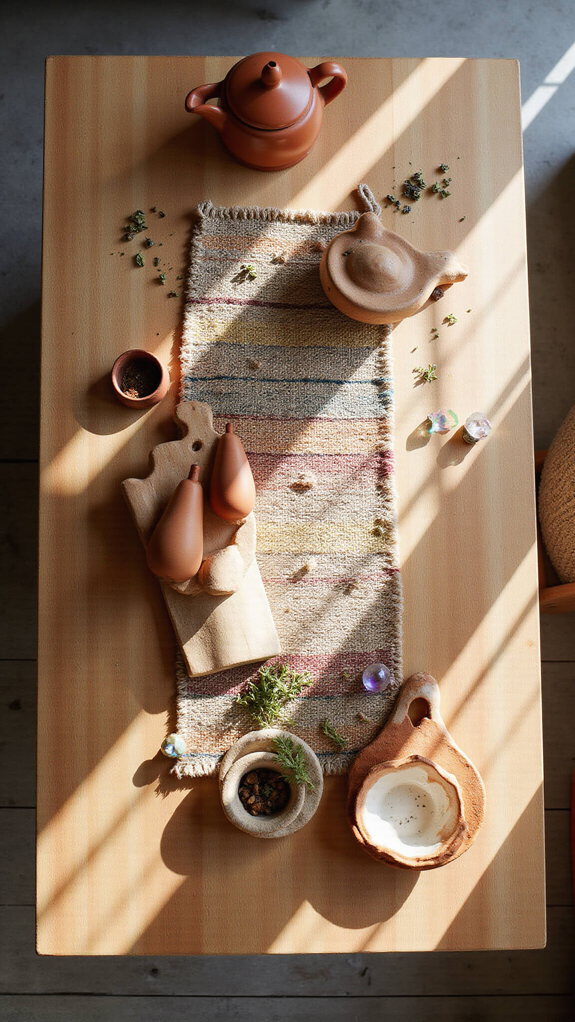 Overhead view of a 6x8ft boho kitchen island with vintage cutting boards, handwoven table runner, earthenware pottery in various heights, scattered dried herbs and spices, and rainbow reflections from window prisms in morning light.