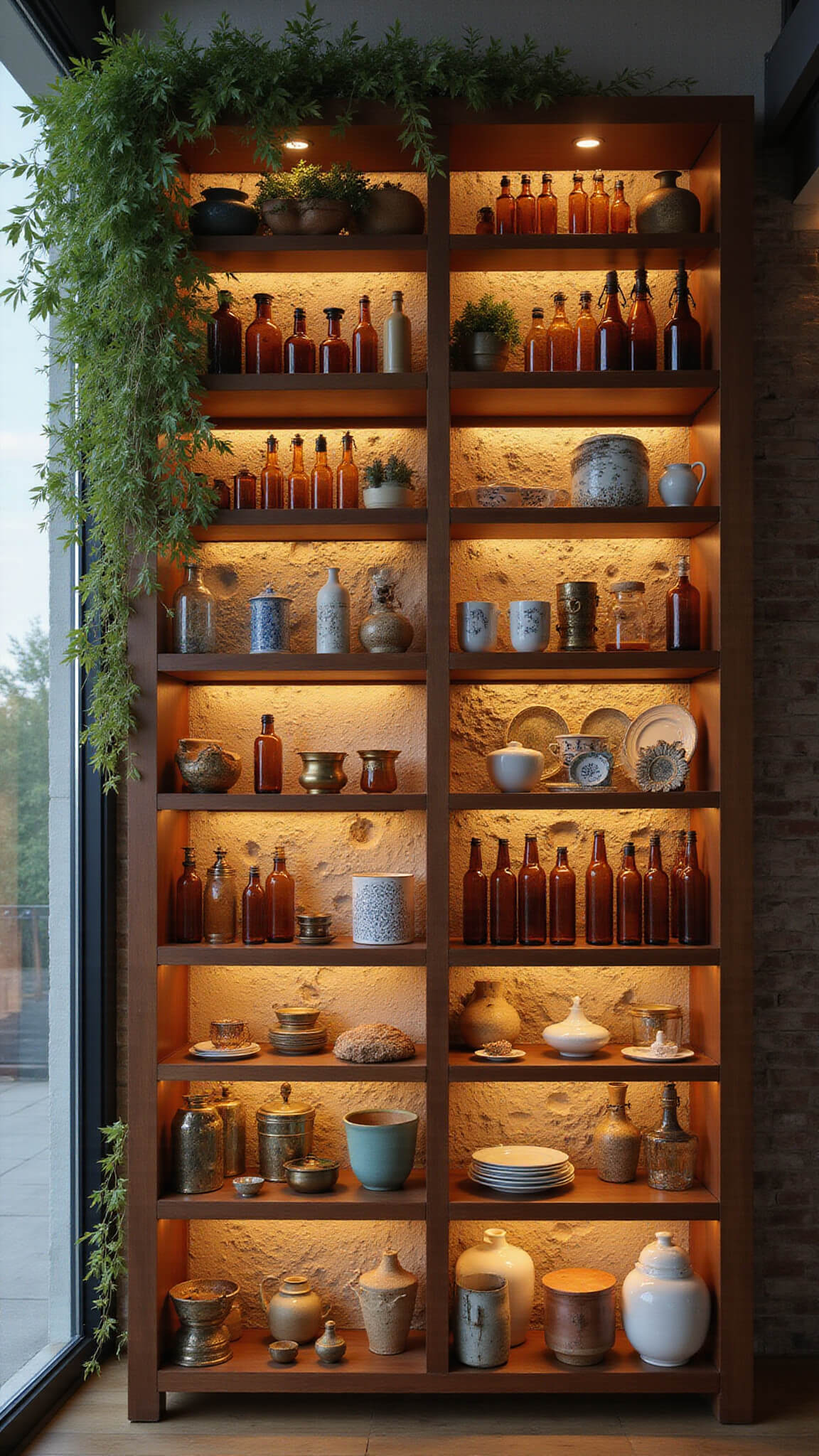 Low-angle view of tall open shelving with amber glass, ceramics, brass objects, cascading plants, and soft fairy lights creating warm, dreamy glow.