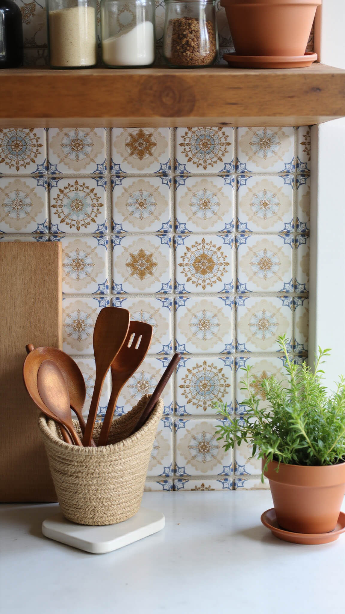 Close-up of modern boho kitchen counter with white quartz surface, vintage wooden spice rack, Moroccan tile backsplash, copper utensils, and terracotta herb pots.
