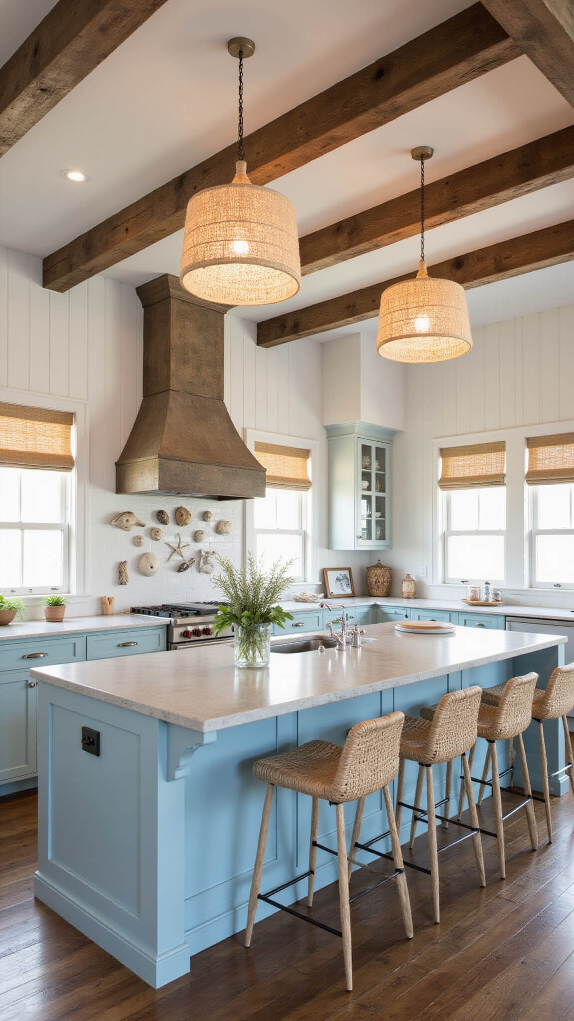 Coastal boho kitchen with pale blue cabinets, sea grass pendant lights, wooden ceiling beams, and driftwood decor at twilight.