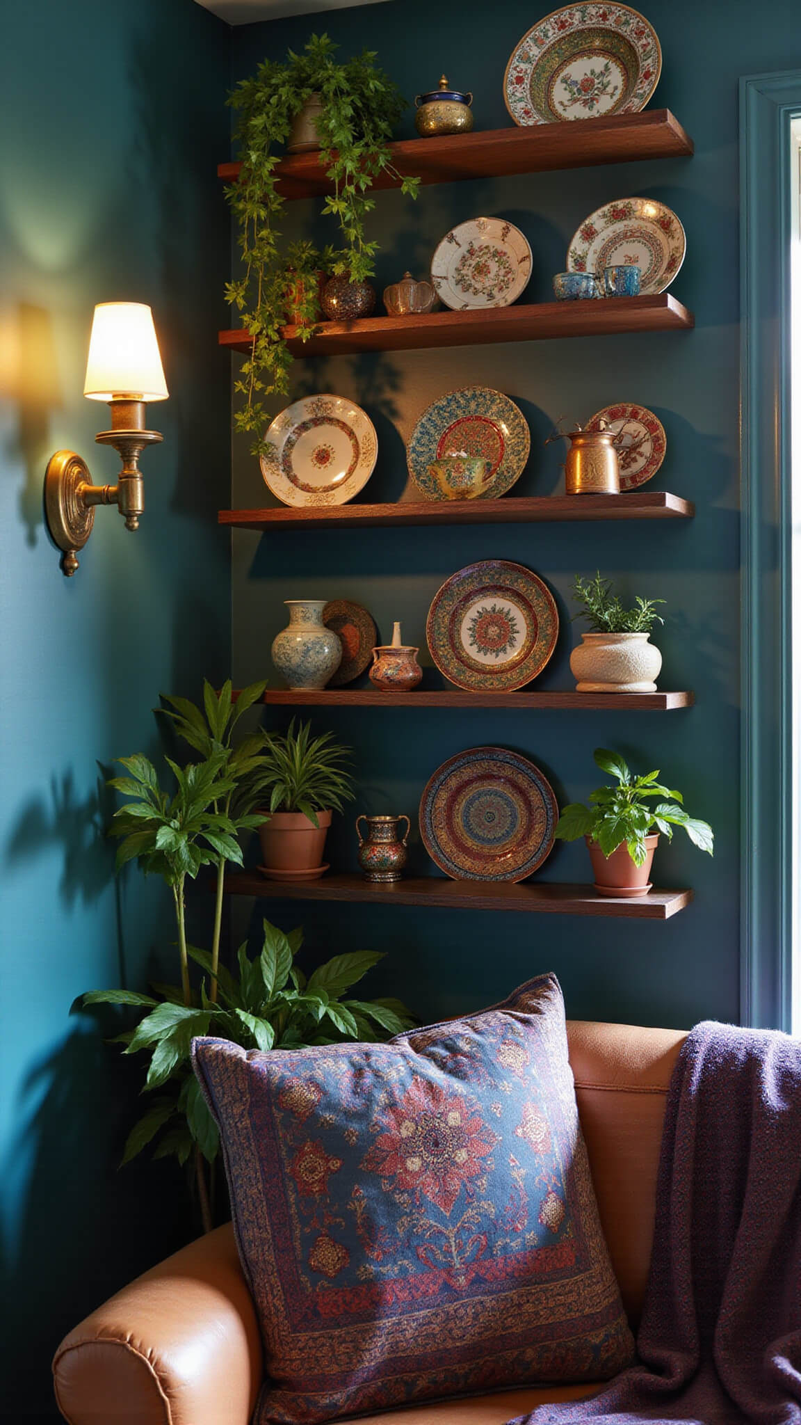 Eclectic boho kitchen corner with vintage plate gallery wall, antique brass sconce, global artifacts on wooden shelves, layered jewel-toned textiles, and assorted plants in moody evening light.