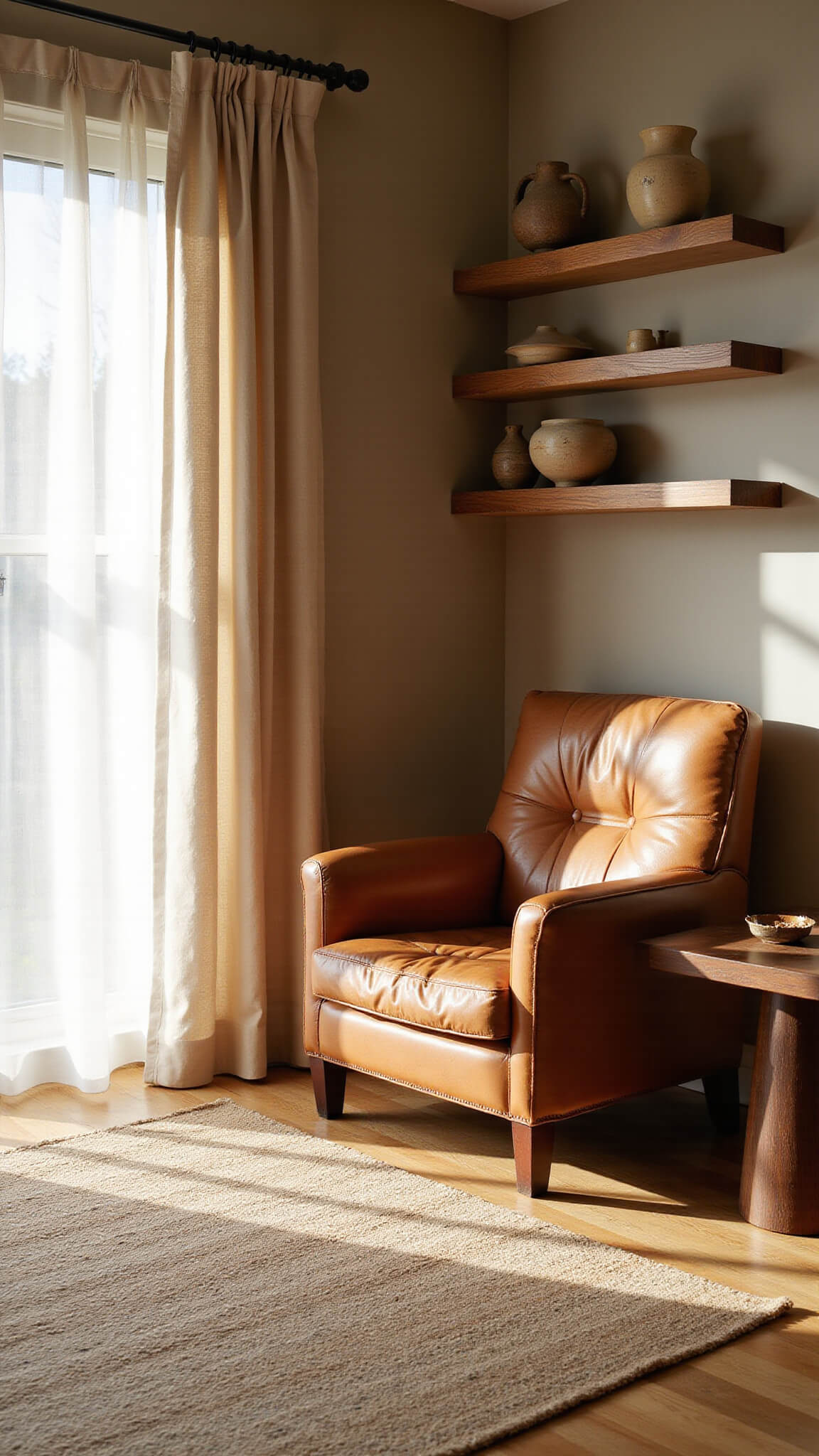 A sunlit living room with vintage leather armchair, jute and Persian rugs, oak flooring, and wabi-sabi pottery on floating shelves.