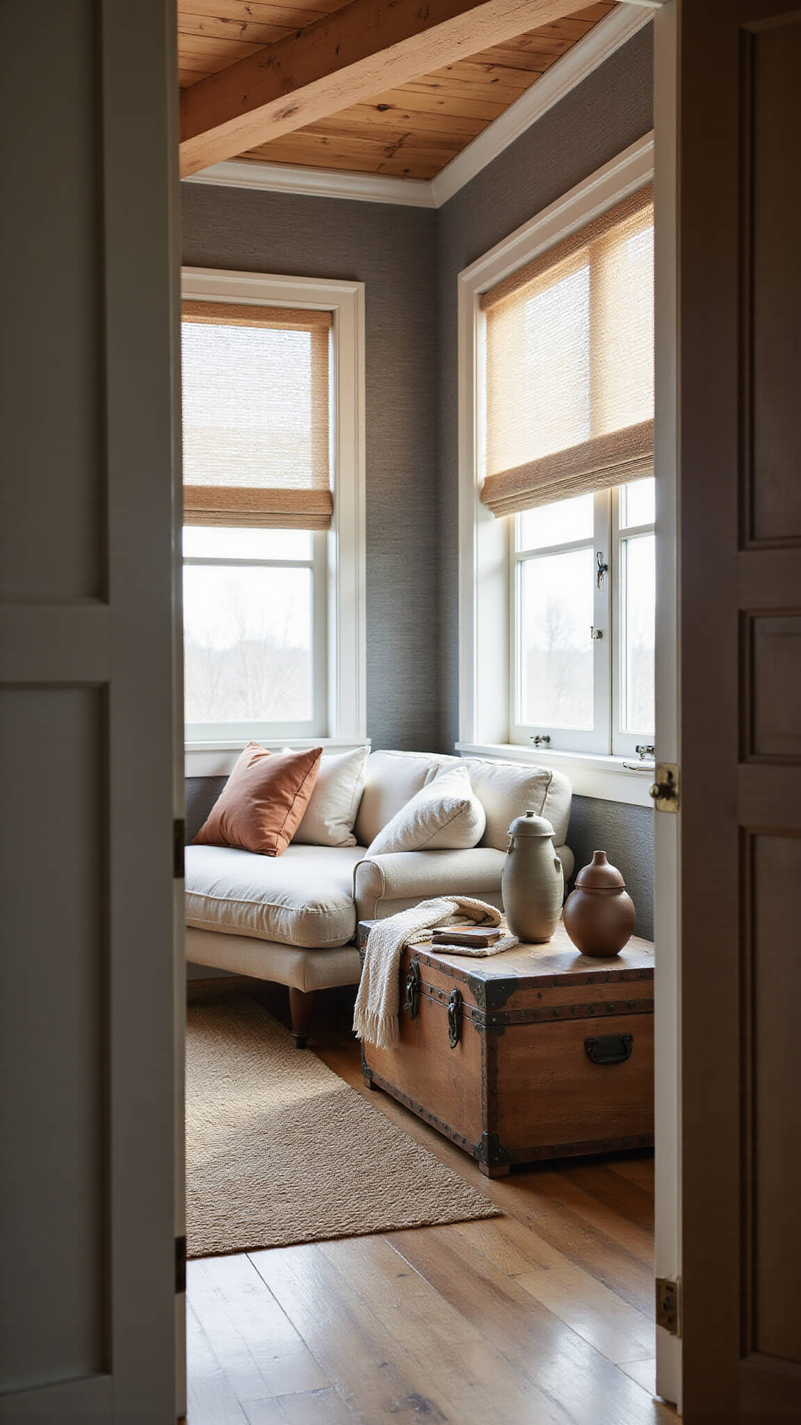 Cozy 12x12ft reading nook with exposed wood ceiling beams, oatmeal linen sofa, earth-toned ceramics on antique trunk, and grasscloth wallpaper lit by morning sunlight.