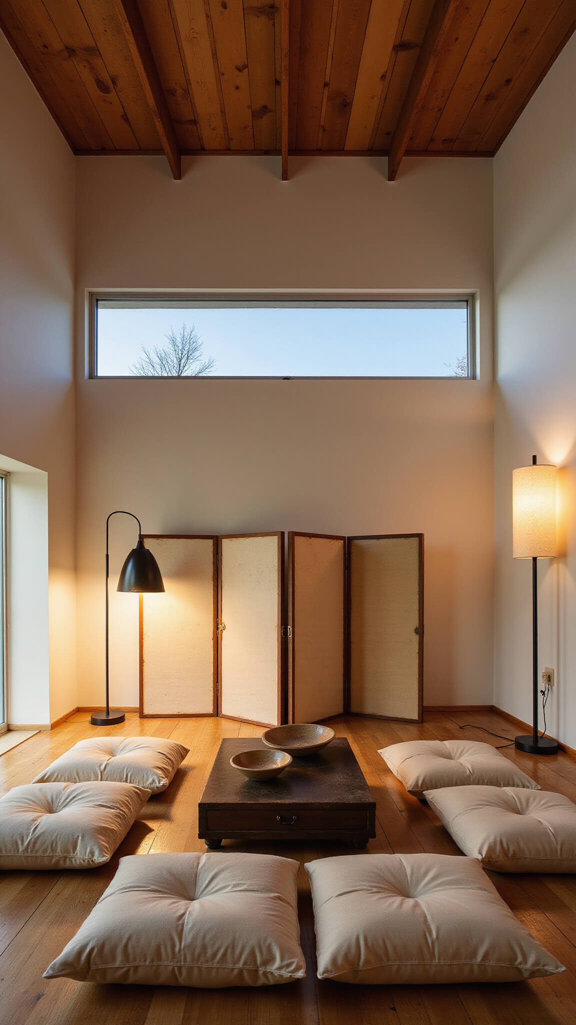 Open-concept 16x20ft living area at dusk with weathered pine ceiling, warm white clay walls, silk floor cushions, ceramic coffee table, vintage Japanese screens, and soft lighting from an iron lamp.