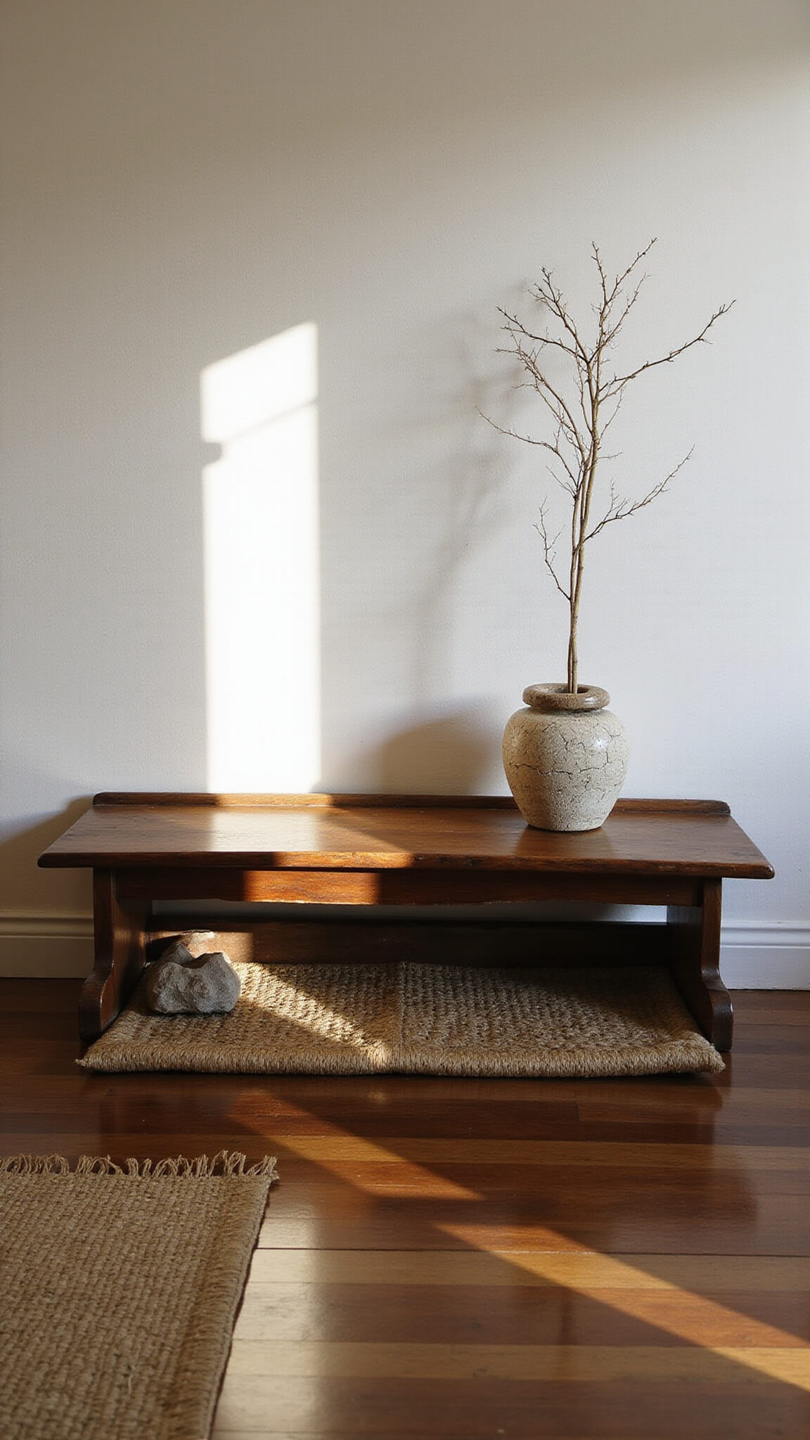 Zen meditation corner with worn wooden bench, bamboo mat, aging stone incense holder, and ikebana in cracked ceramic vase on dark walnut floor.