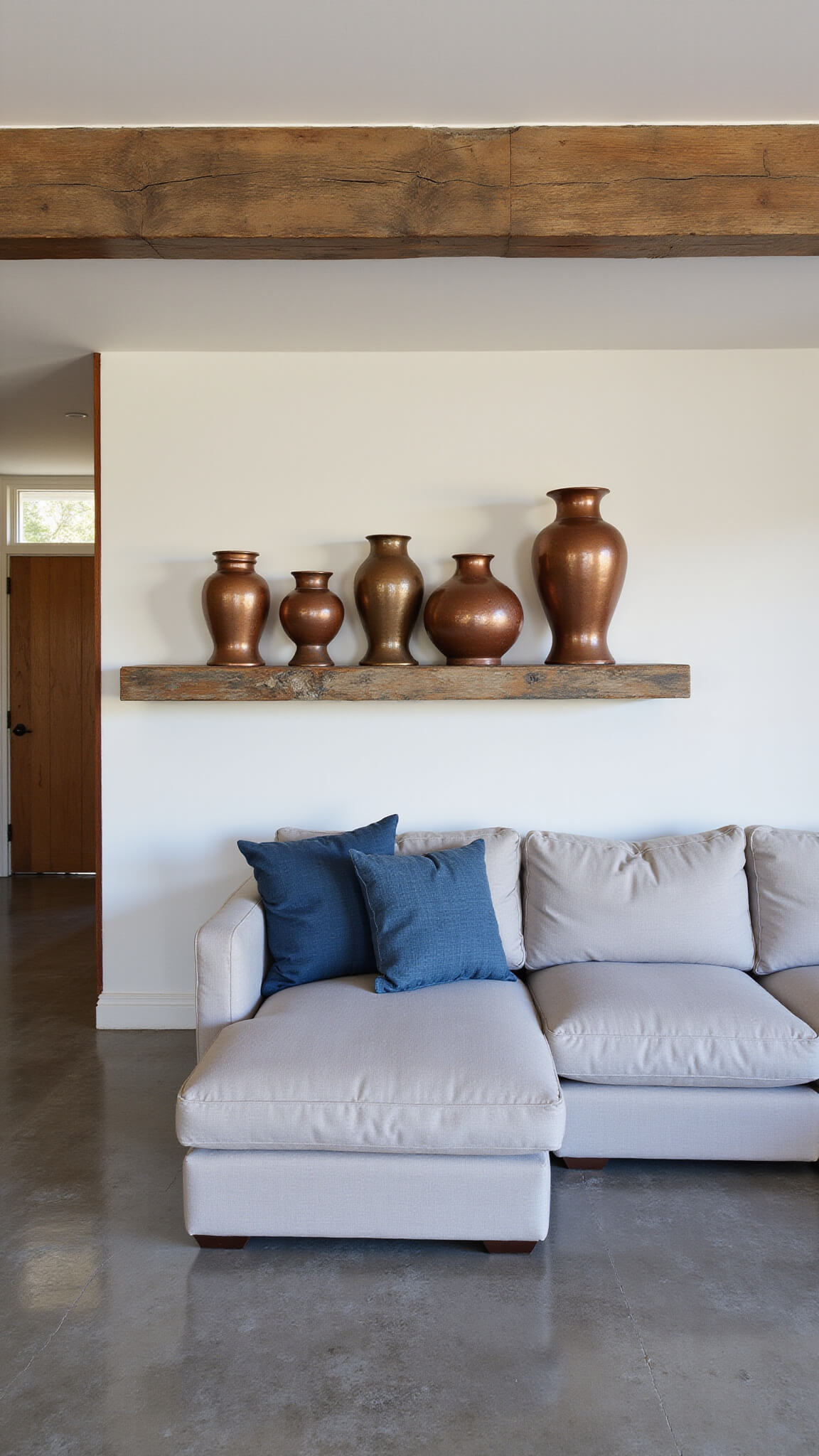 Modern 15x18ft living room at twilight with concrete floors, lime-washed walls, dove gray linen sectional, indigo cushions, and salvaged wood mantel displaying copper vessels.