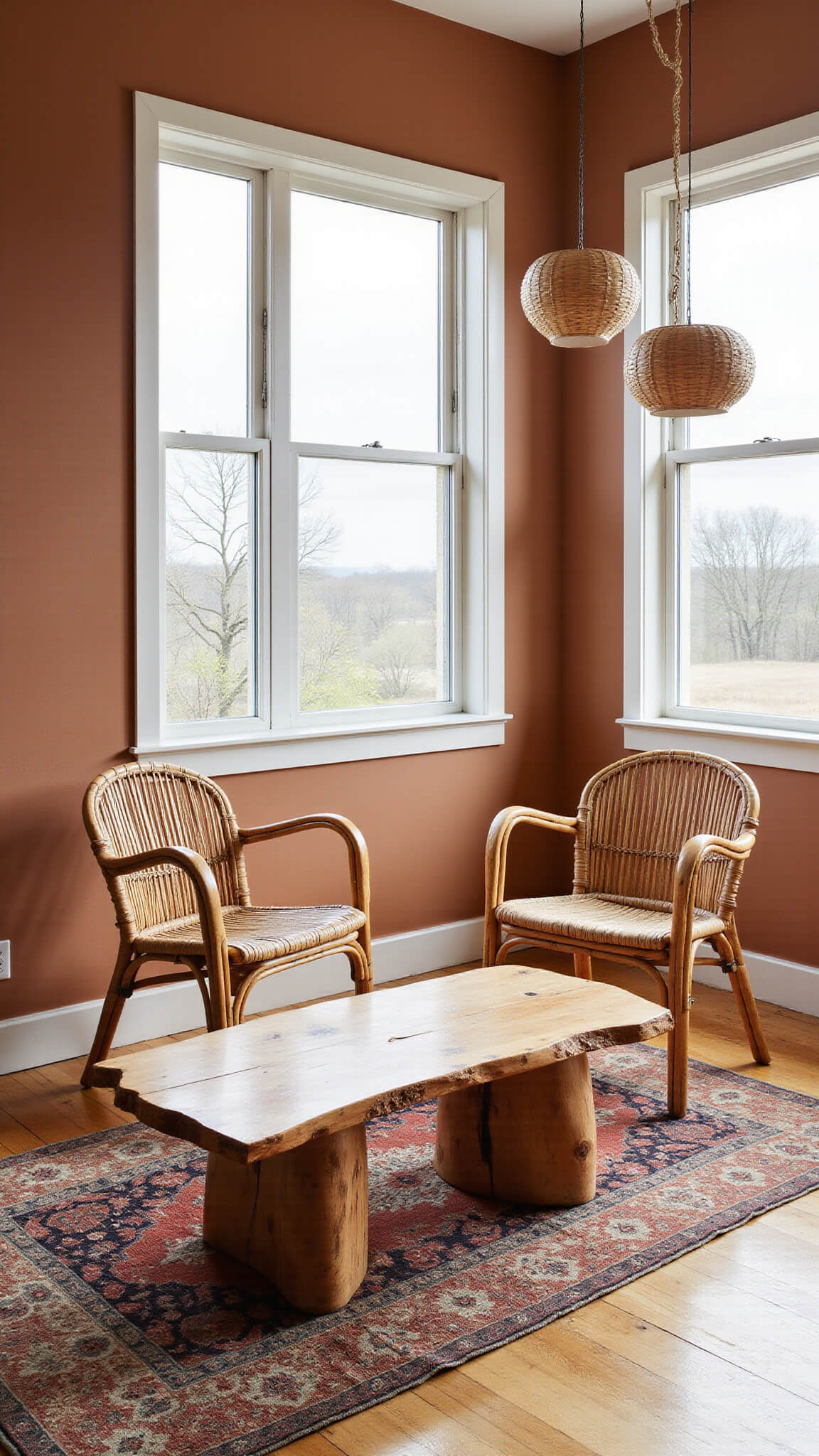 Sunlit sitting room with rattan chairs, raw edge coffee table, vintage kilim rug, and taupe clay walls, viewed from corner through floor-to-ceiling windows.