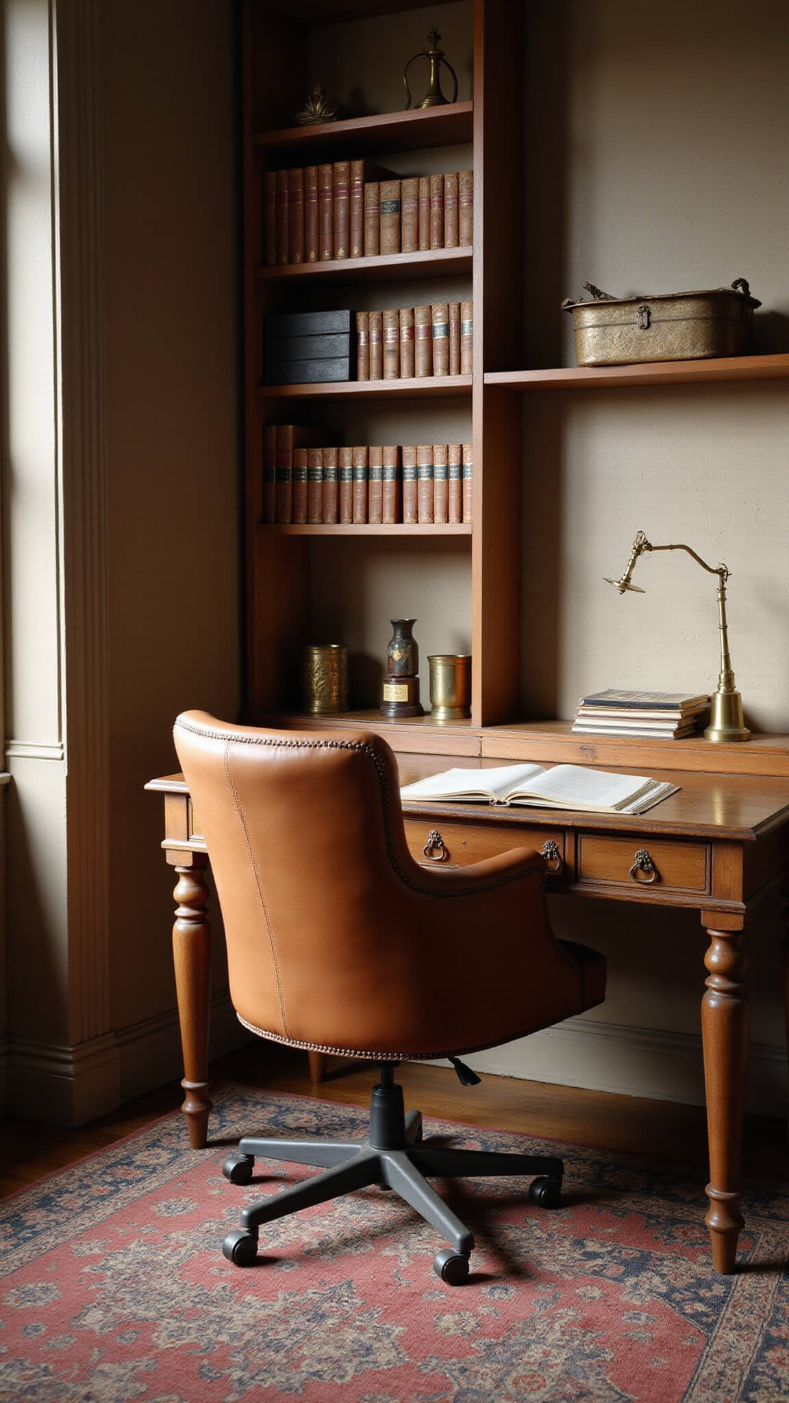 Sunlit study with antique desk, modern leather chair, open shelves of aged books and brass objects, warm greige plaster walls, and faded Persian runner.