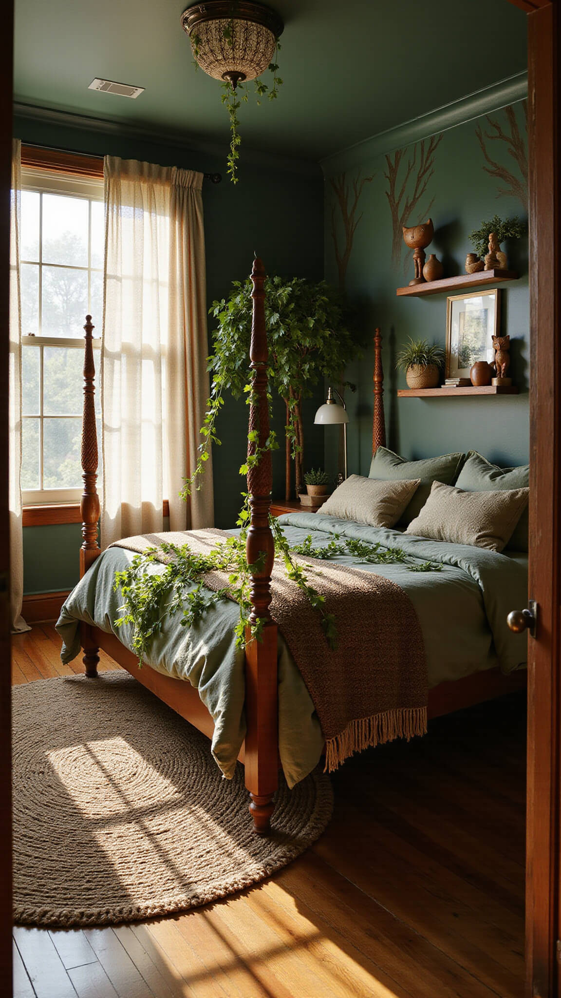 Mystical woodland-themed bedroom with forest green walls, tree silhouettes, moss-colored linens, ivy planters, and forest animal decor, bathed in golden hour light.