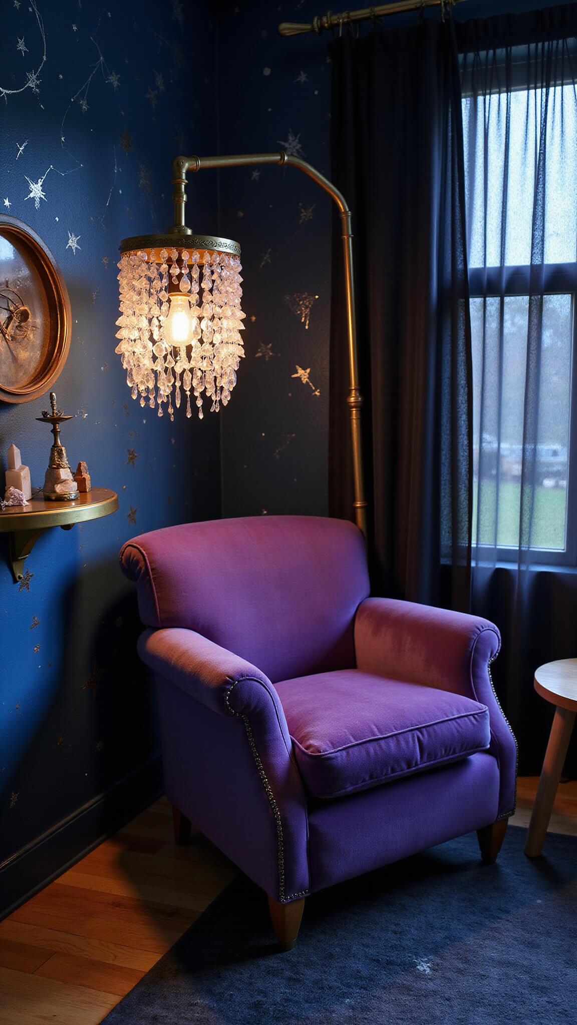 Cozy twilight reading nook in a cosmic witch's sanctuary with velvet armchair, starlike lighting, and celestial decor.