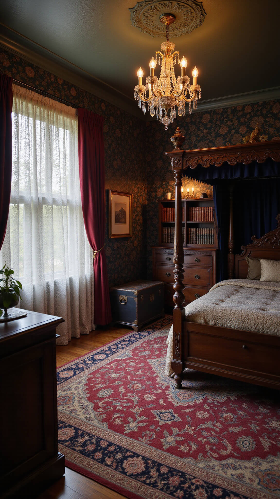 Vintage witch's vault with Victorian dresser, crystal chandelier, leather-bound books, and velvet-curtained bed lit by morning light through lace curtains.