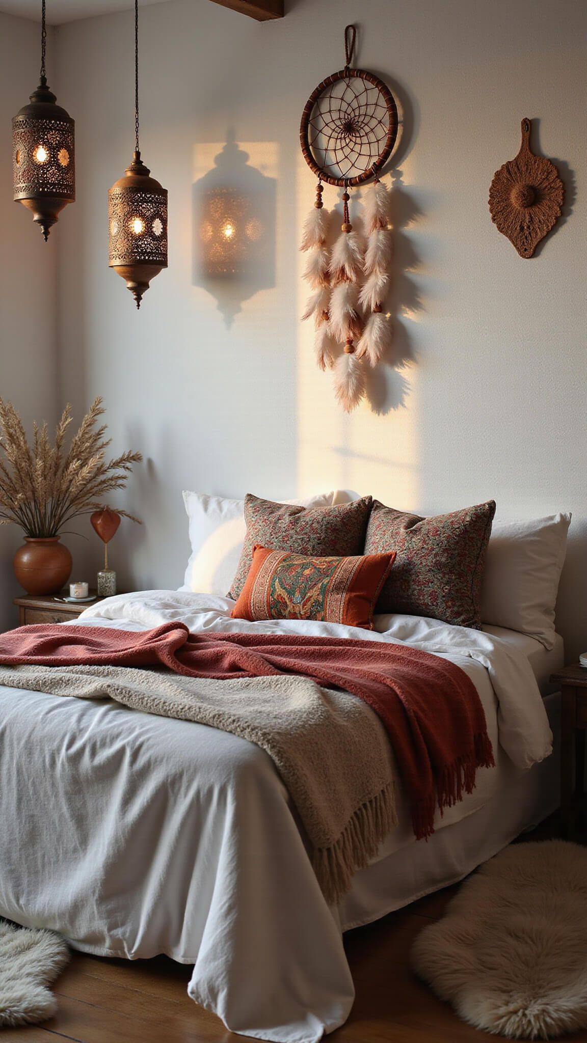 Cozy queen bed with layered linen, kilim pillows, oversized dream catcher, and warm lantern lighting in a textured, dreamy setting.