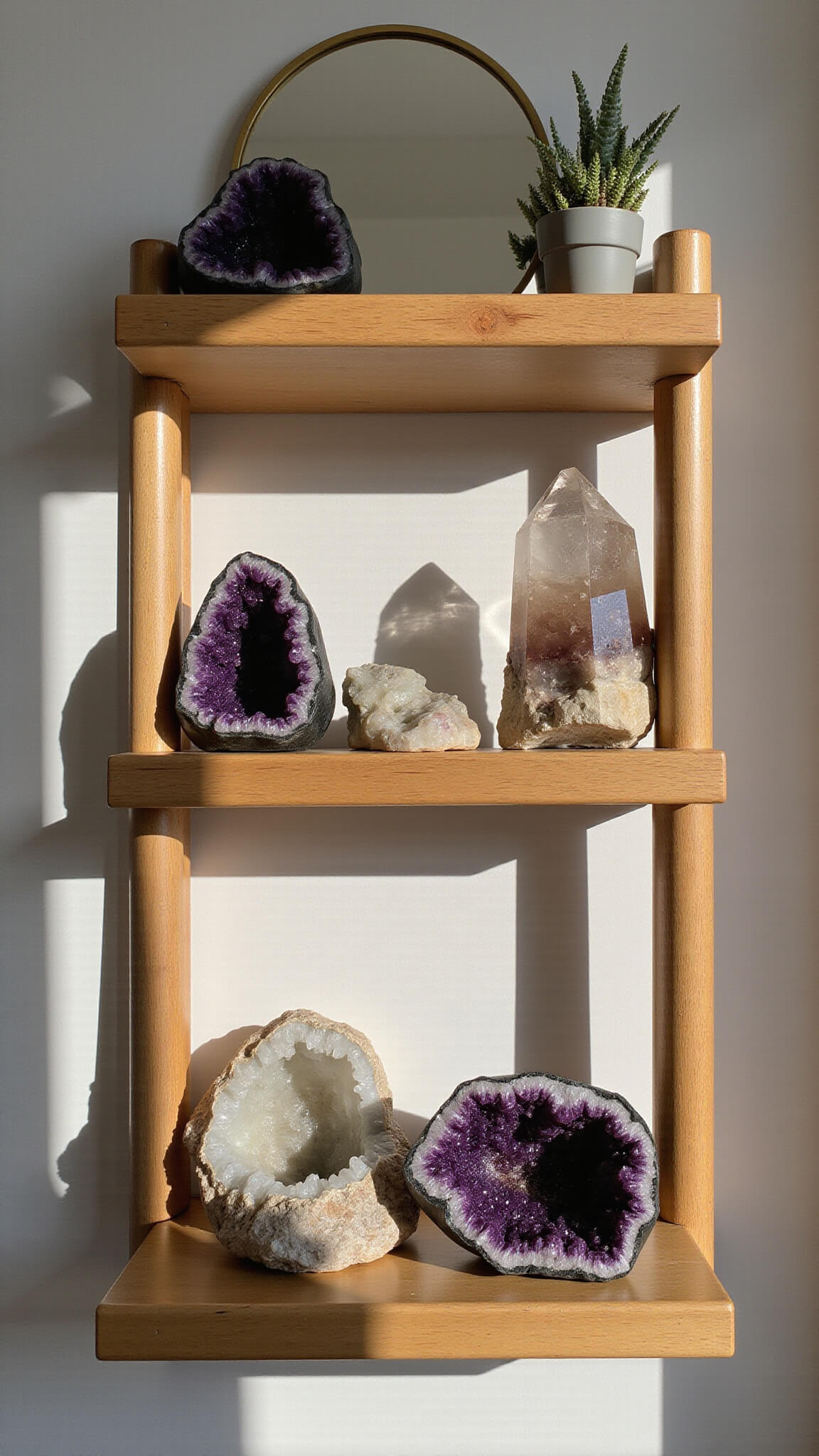 Macro shot of crystal display on wooden shelves with amethyst geodes, quartz clusters, brass mirror, and potted succulents in morning sunlight.