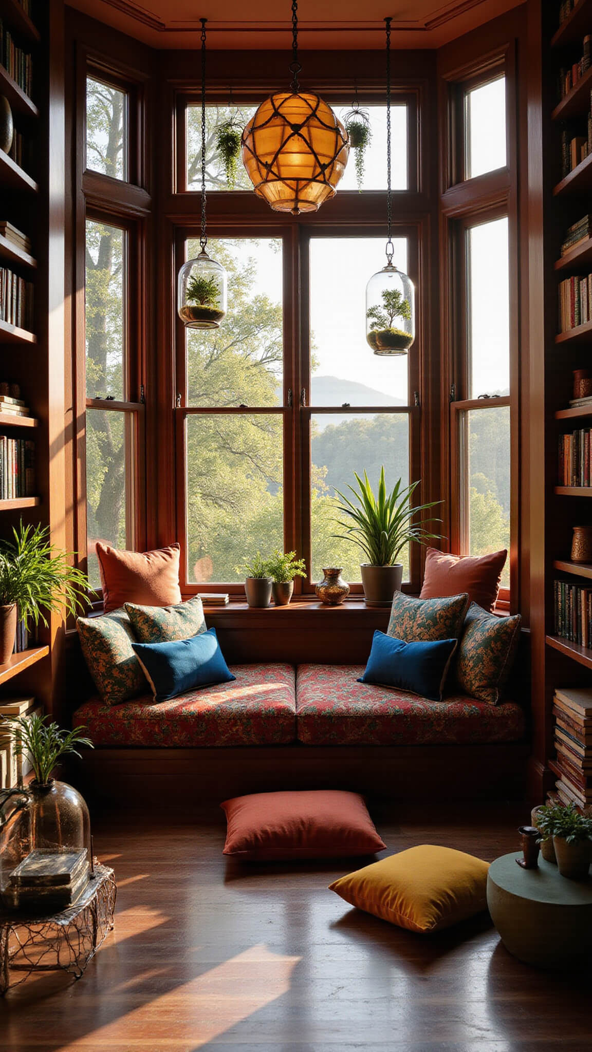 Witch's cozy reading nook at sunset with jewel-toned cushions, vintage Indian textiles, hanging terrariums, tarot cards in copper frames, and dramatic split lighting.