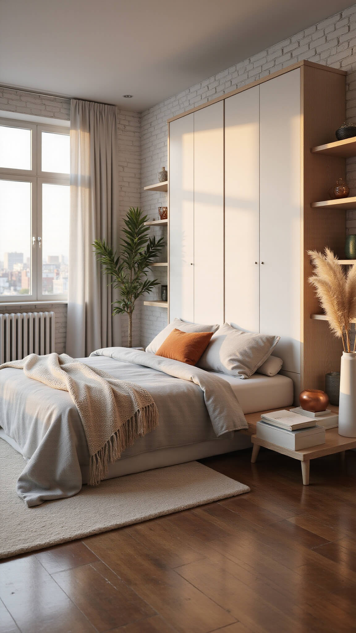 Modern minimalist studio apartment at sunrise with Murphy bed, warm neutral tones, and soft natural lighting highlighting textured decor and herringbone wood floors.