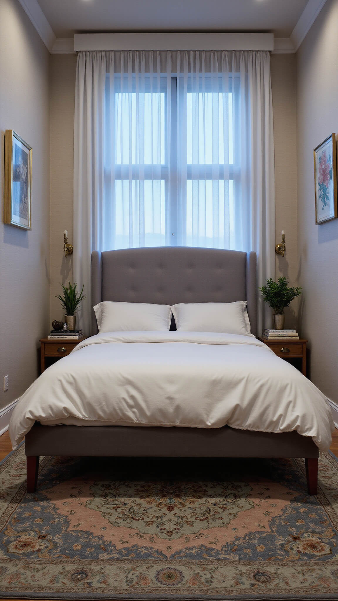 Cozy 10x12ft bedroom at dusk with queen bed, white linens, grey velvet headboard, vintage Persian rug, brass sconces, and layered décor in cool blue-hour lighting.