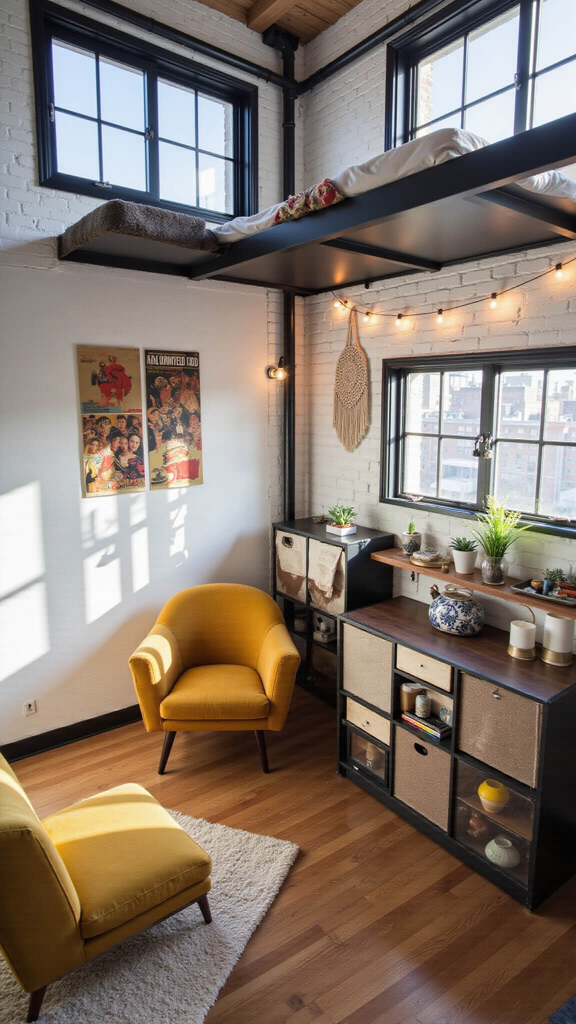 Elevated view of micro-loft with industrial windows, fold-down desk, mustard velvet chair, modular storage, and eclectic boho decor.