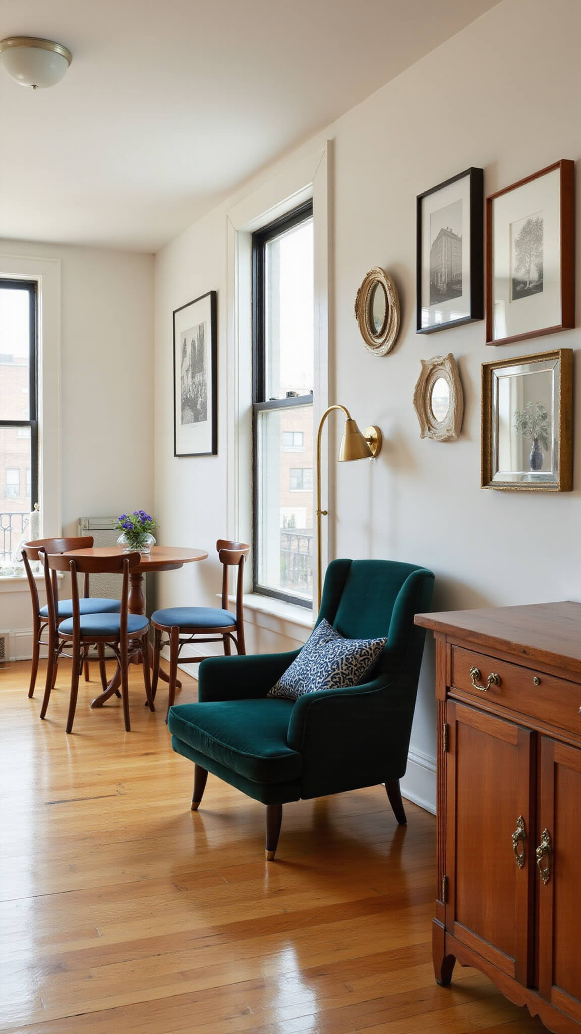 Eclectic vintage micro studio with golden afternoon light highlighting hardwood floors, mid-century furniture, jewel-toned accents, and curated black and white gallery wall.