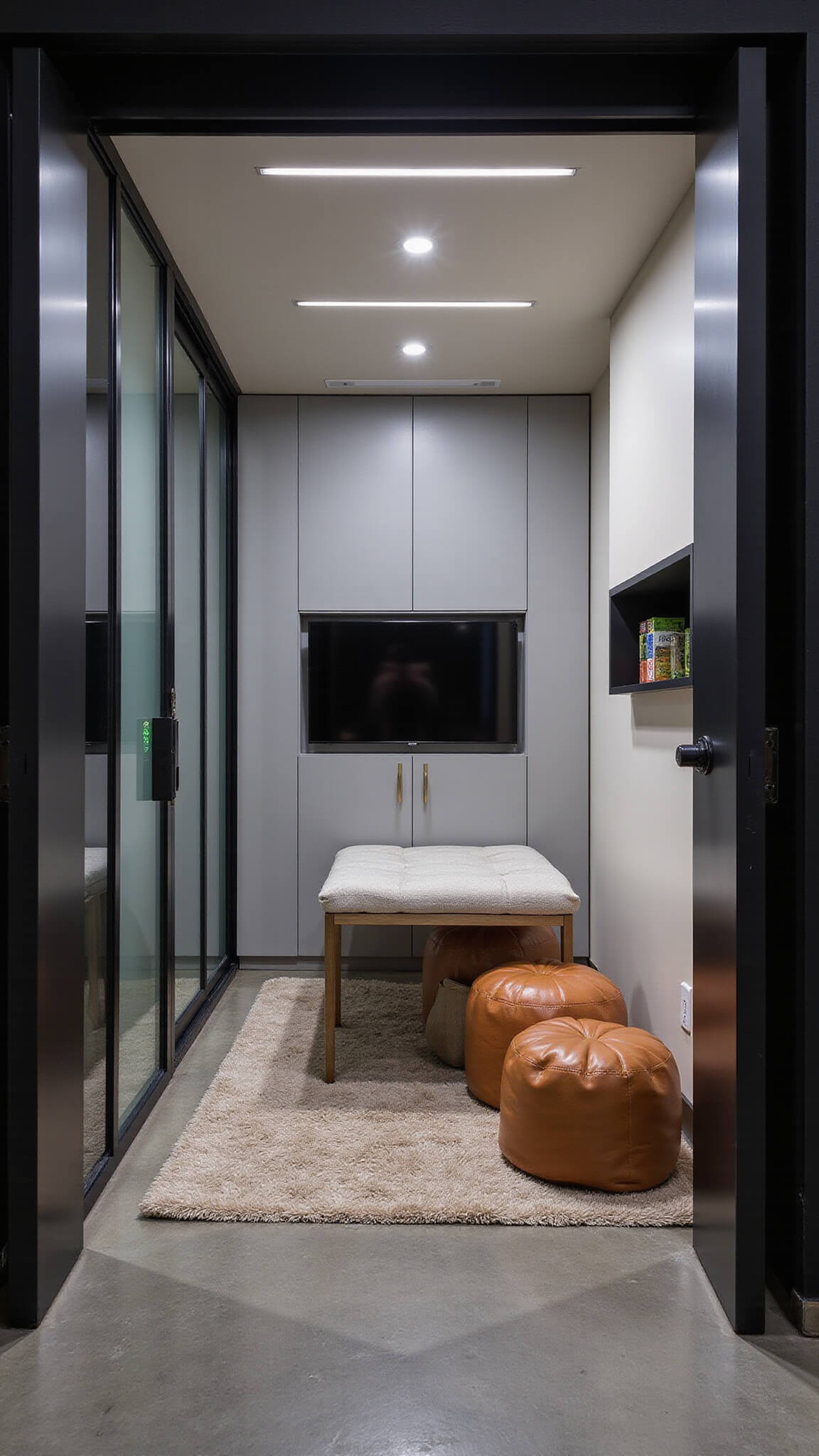 Modern 250 sq ft urban micro-apartment at night with smart lighting zones, concealed Murphy bed with TV, glass industrial divider, wireless charging, hidden speakers, and copper and wood accents.