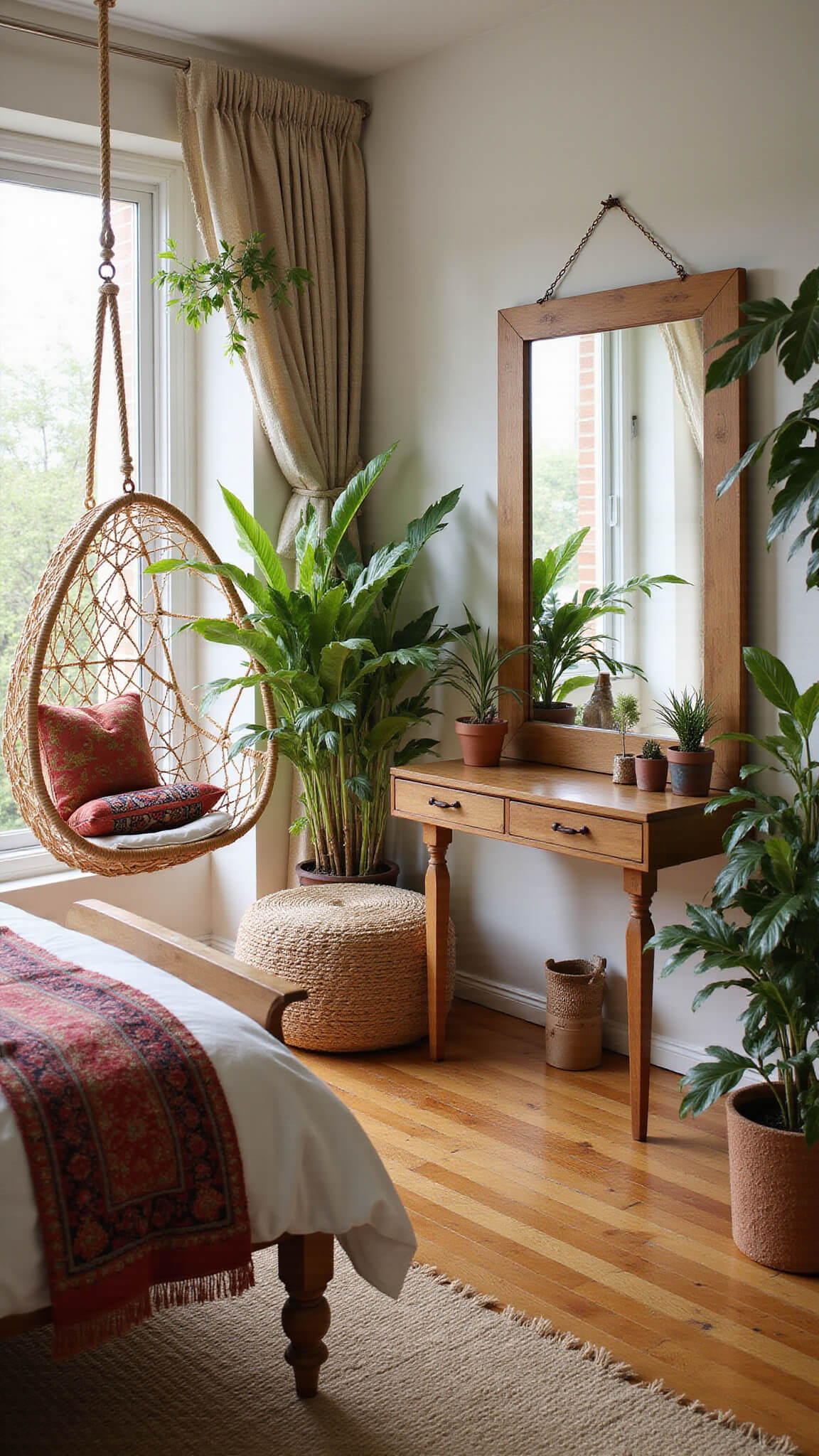 Boho garden studio with rattan hanging chair, floating vanity desk, vintage mirror, lush indoor plants, and layered earthy textiles in warm morning light.