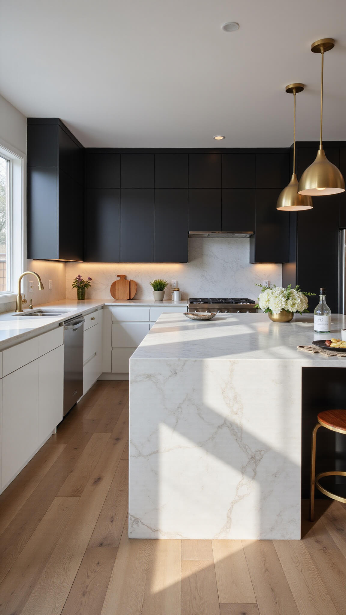 Modern 12x15ft kitchen with black and white cabinetry, marble island, brass pendant lights, and natural light through tall windows.