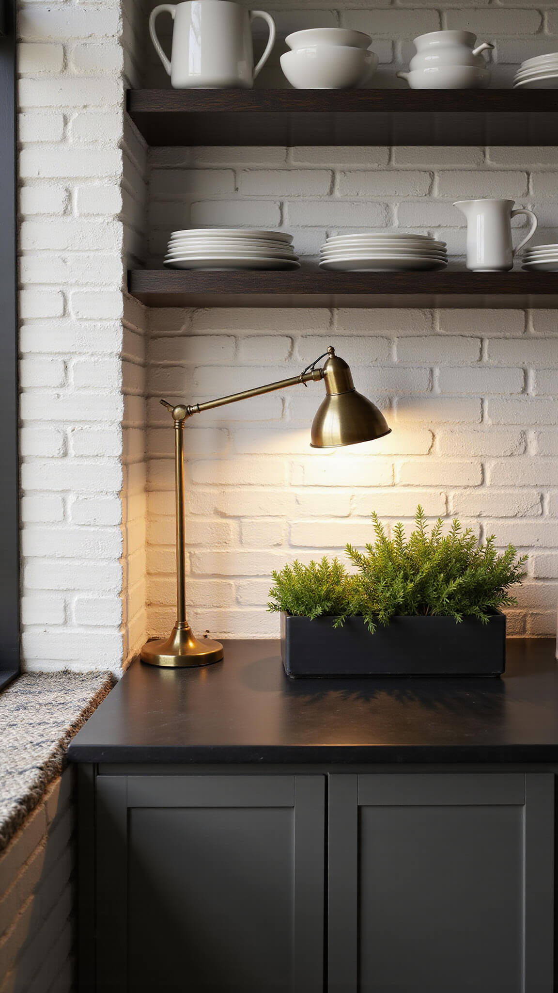 Golden hour kitchen corner with charcoal shelves, white ceramics, black soapstone countertop, fresh herbs in black planters, and vintage brass lamp against white brick wall.