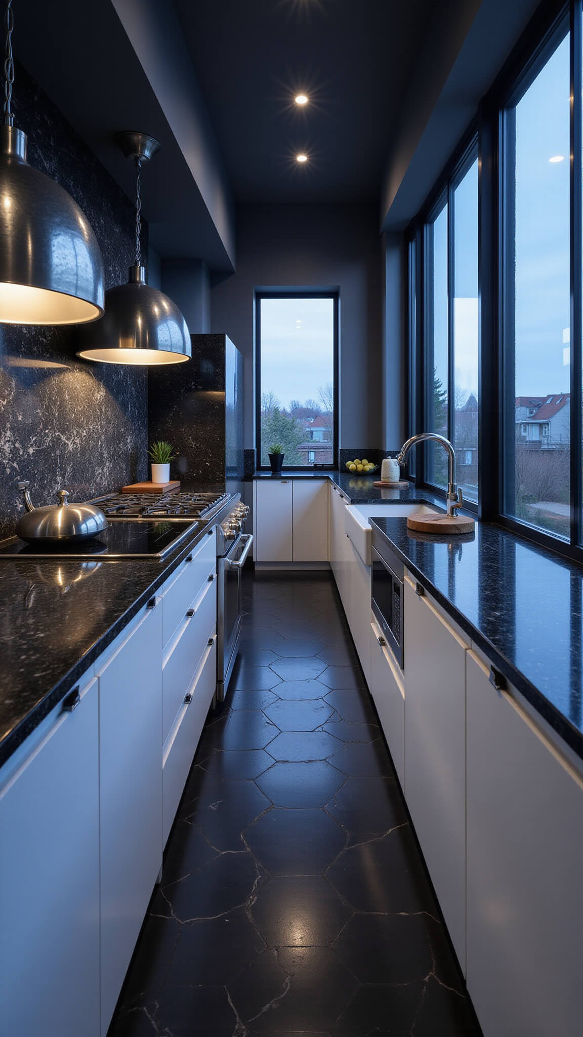 Modern noir galley kitchen with black-framed windows, white cabinets, honed granite countertops, silver pendant lights, black hex tile floor, and herringbone marble backsplash at blue hour.