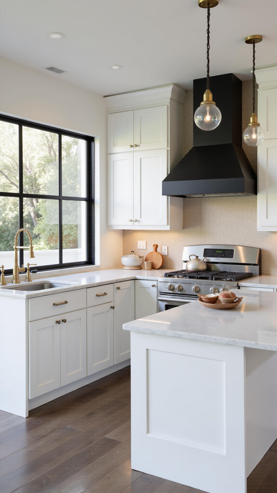 Sunlit open-concept kitchen with industrial black-framed windows, matte black range hood, white marble counters, mixed metal fixtures, and textured grasscloth wallpaper in dining nook.