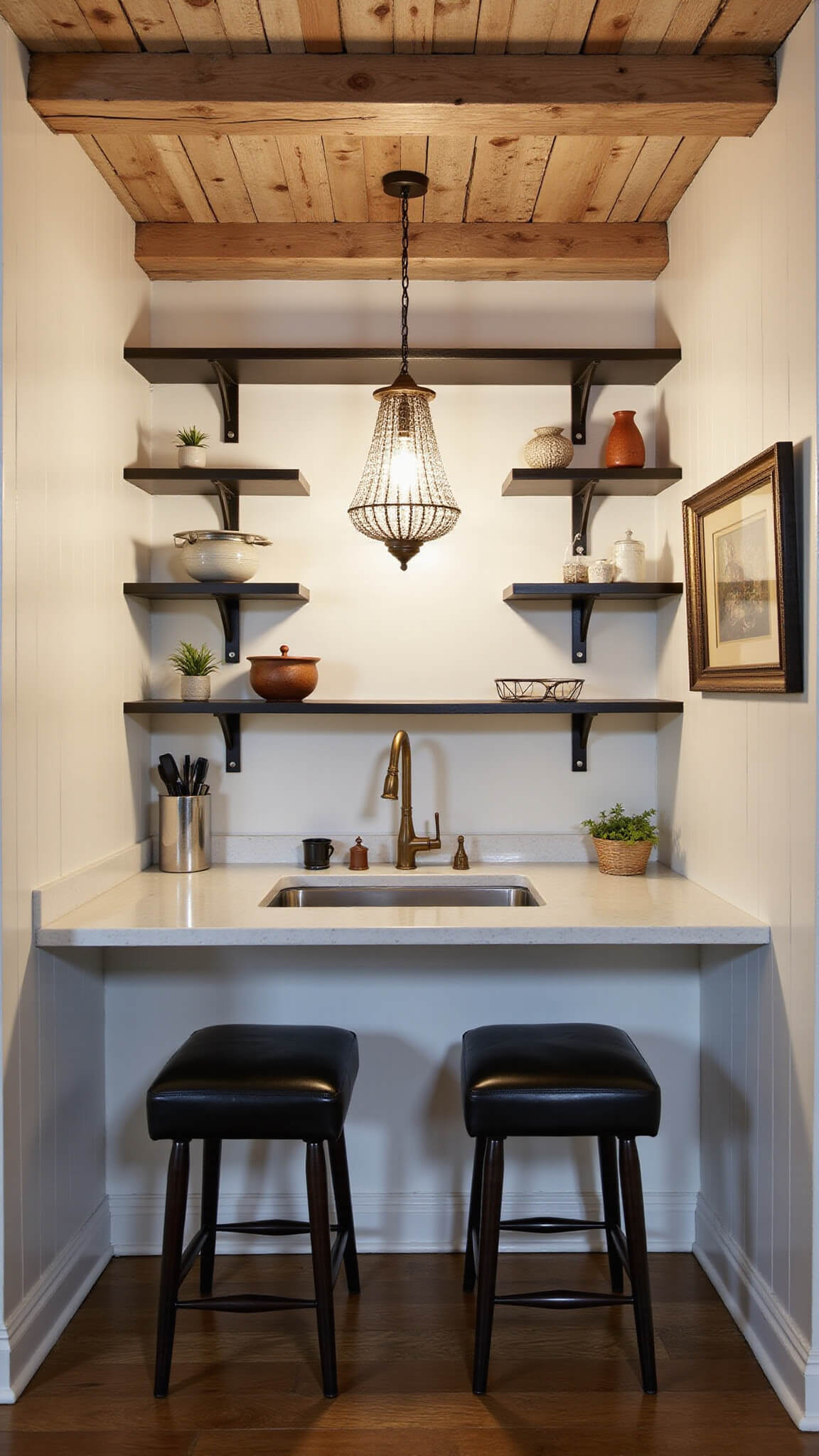 Cozy 10x10ft rustic modern kitchen nook with black steel shelving, ivory shiplap walls, crystal chandelier, white quartz counters, black barstools, and woven pendant light at dusk.