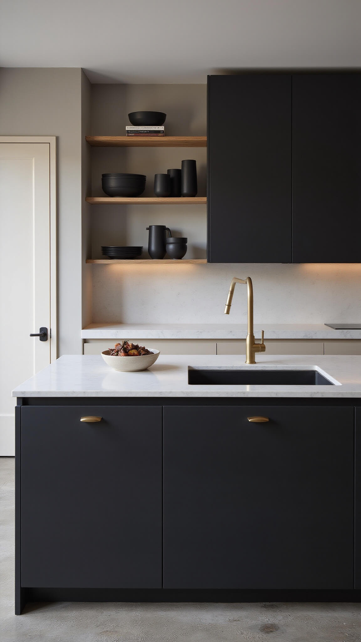 Minimalist 12x14ft kitchen with black island, white quartzite top, blonde wood shelves, gold accents, and concrete floors at twilight.