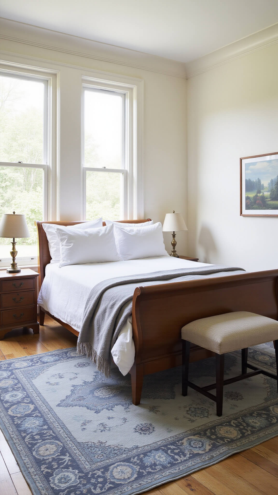 Elegant 14x16ft bedroom with cream walls, wooden sleigh bed, Persian rug, and morning light through Georgian windows.