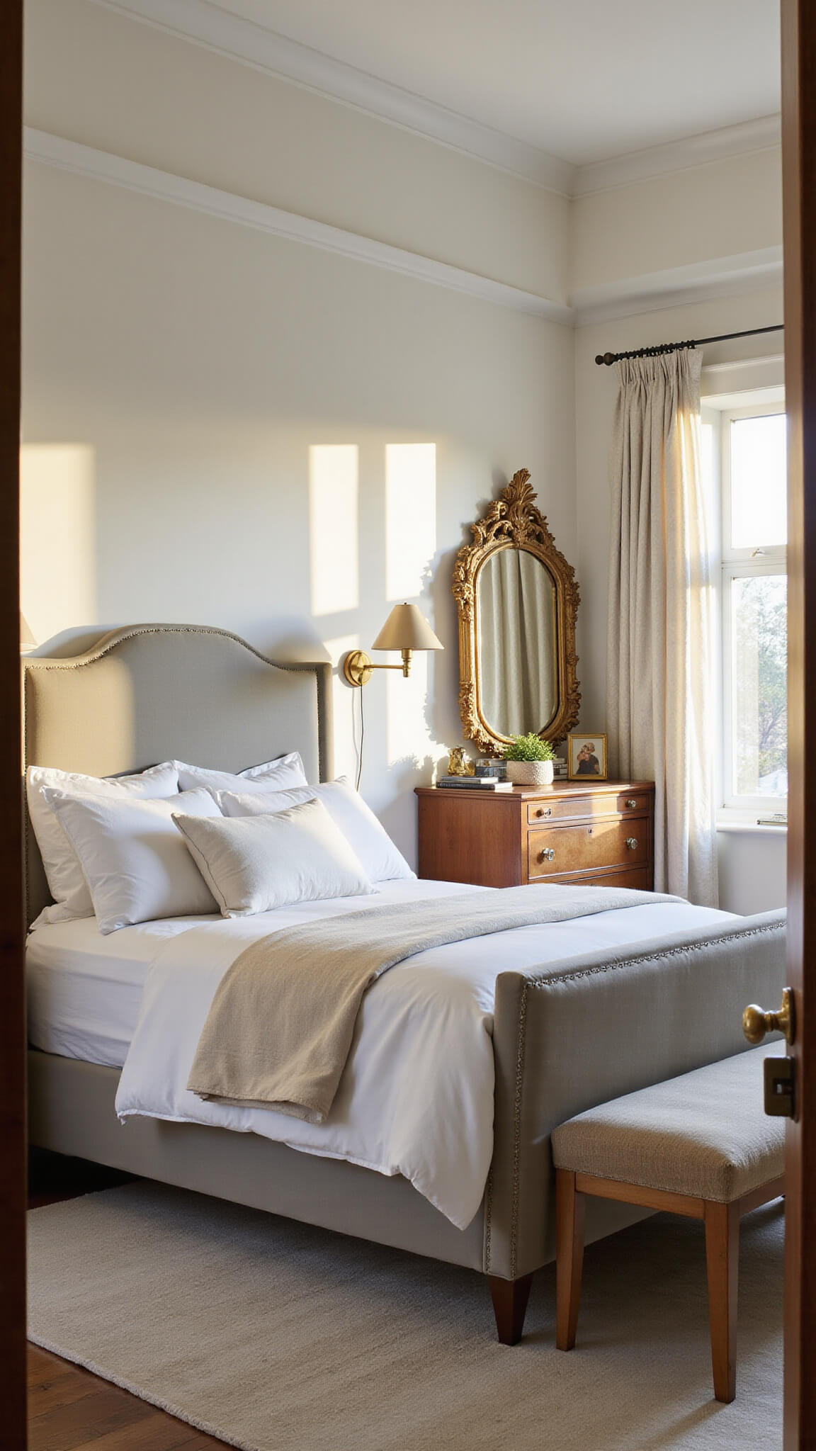 Elegant 12x14ft bedroom at golden hour with pale gray velvet headboard, antique brass sconces, mid-century dresser, gilt mirror, and layered white bedding, bathed in warm sunlight through sheer curtains.